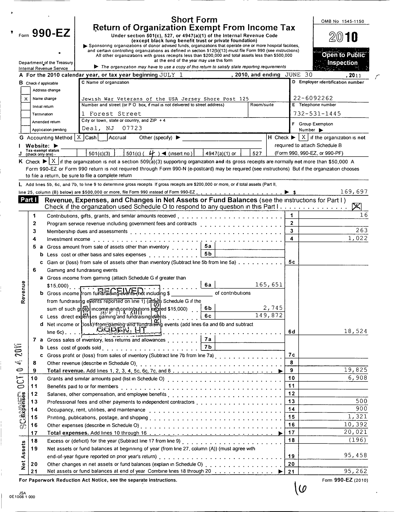 Image of first page of 2010 Form 990EO for Jewish War Veterans of the United States of America - 125 Jersey Shore Post