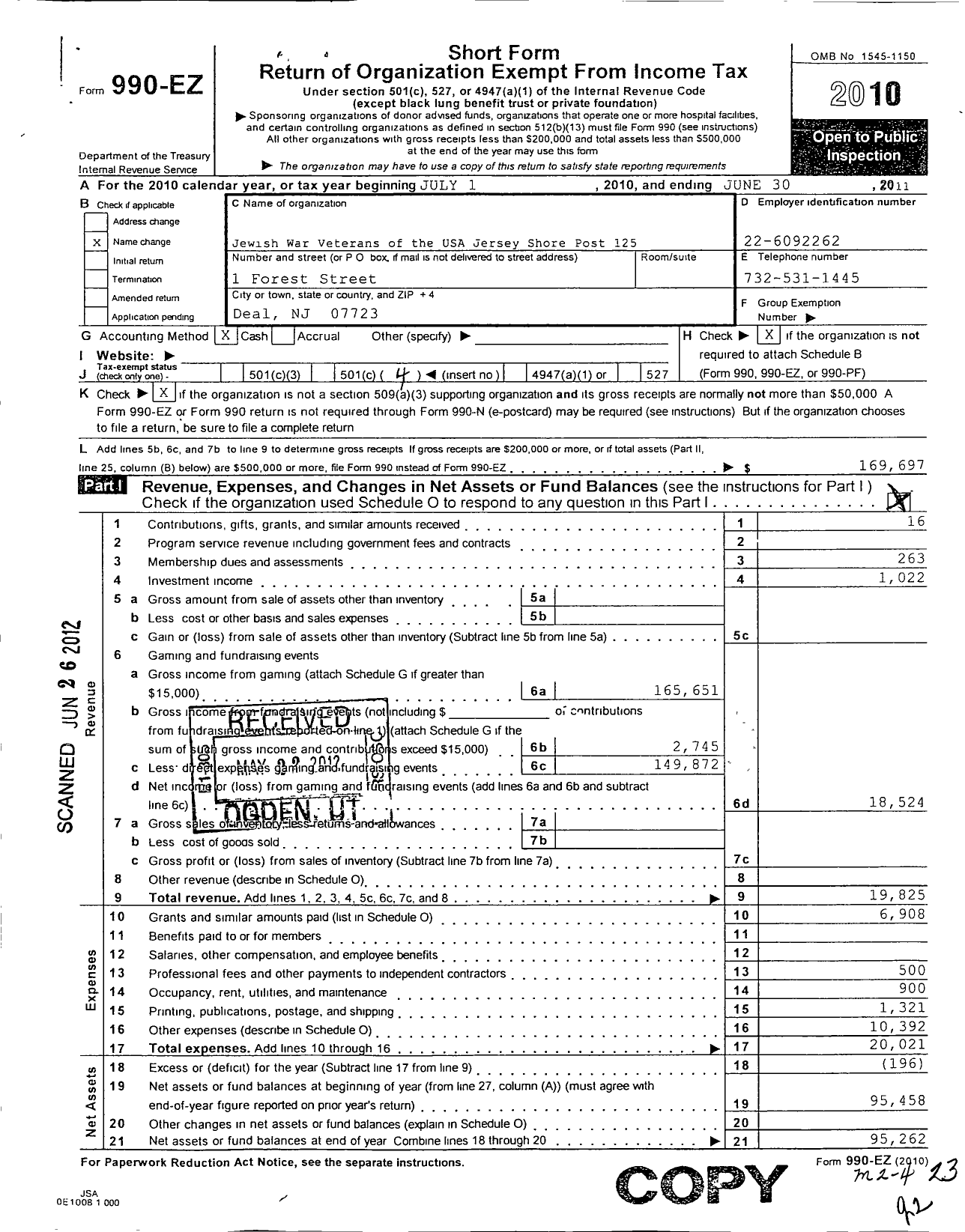 Image of first page of 2010 Form 990EO for Jewish War Veterans of the United States of America - 125 Jersey Shore Post