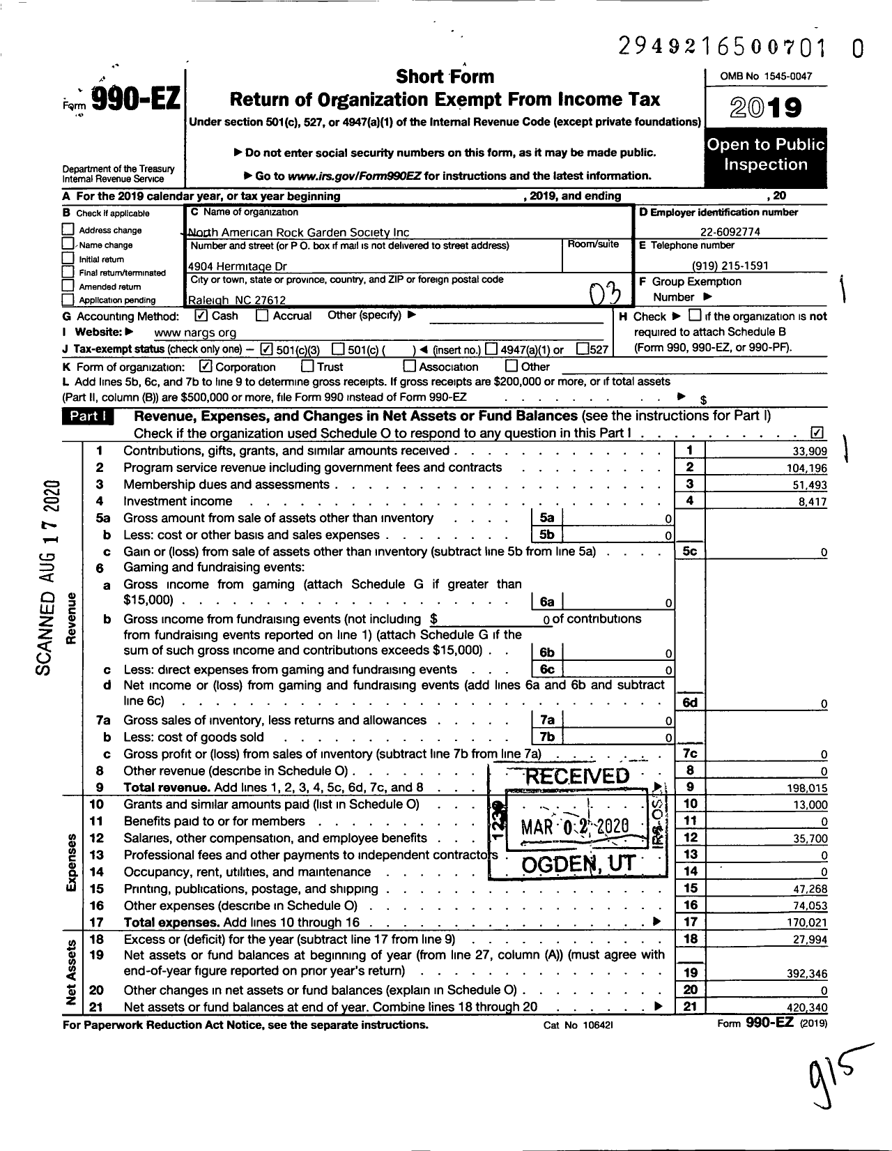 Image of first page of 2019 Form 990EZ for North American Rock Garden Society