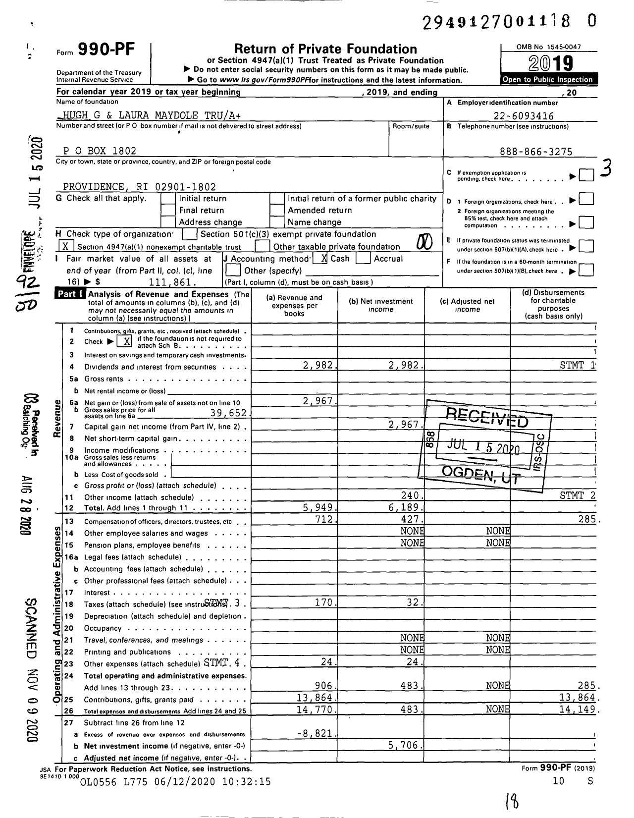 Image of first page of 2019 Form 990PF for Hugh G and Laura Maydole Trua