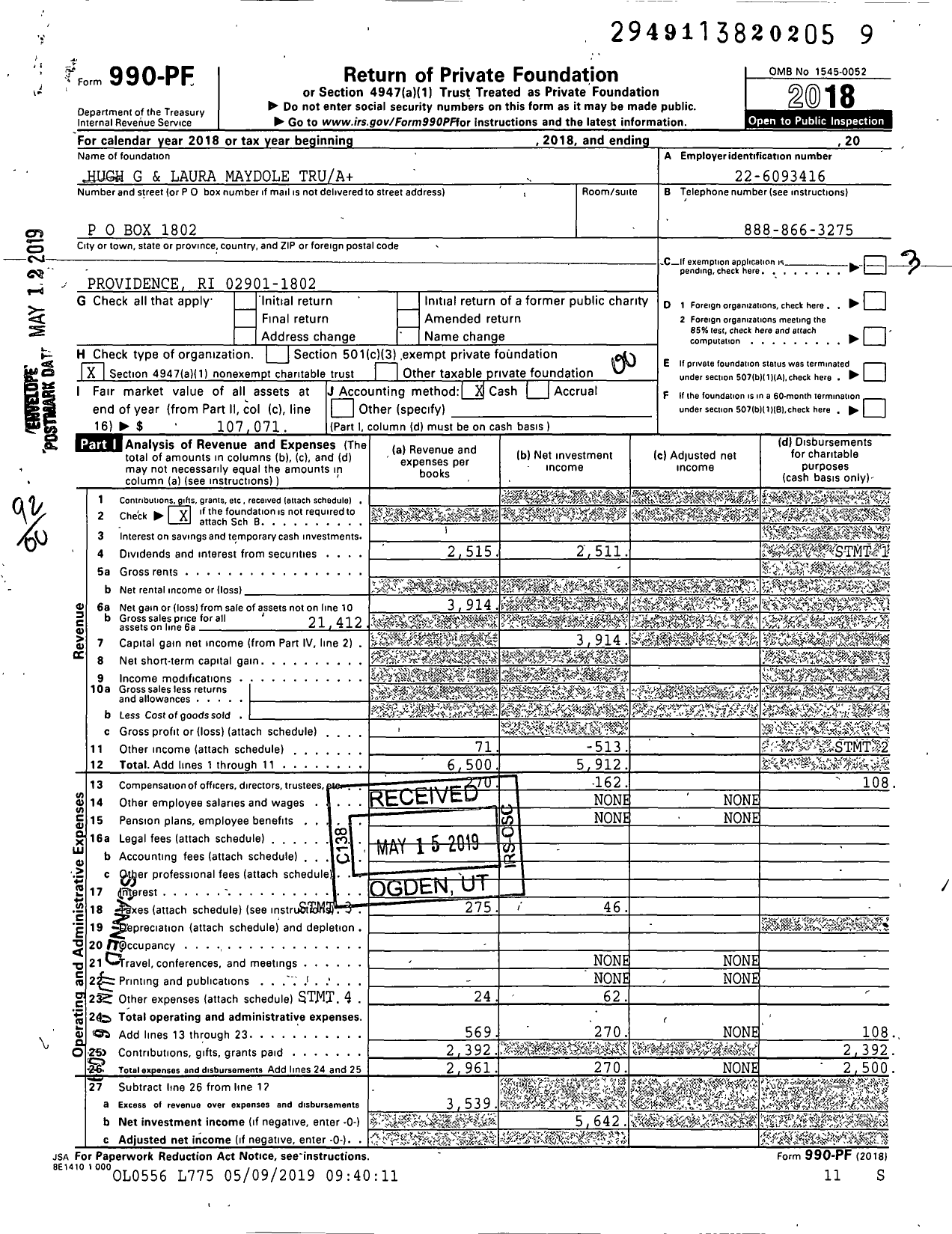 Image of first page of 2018 Form 990PF for Hugh G and Laura Maydole Trua