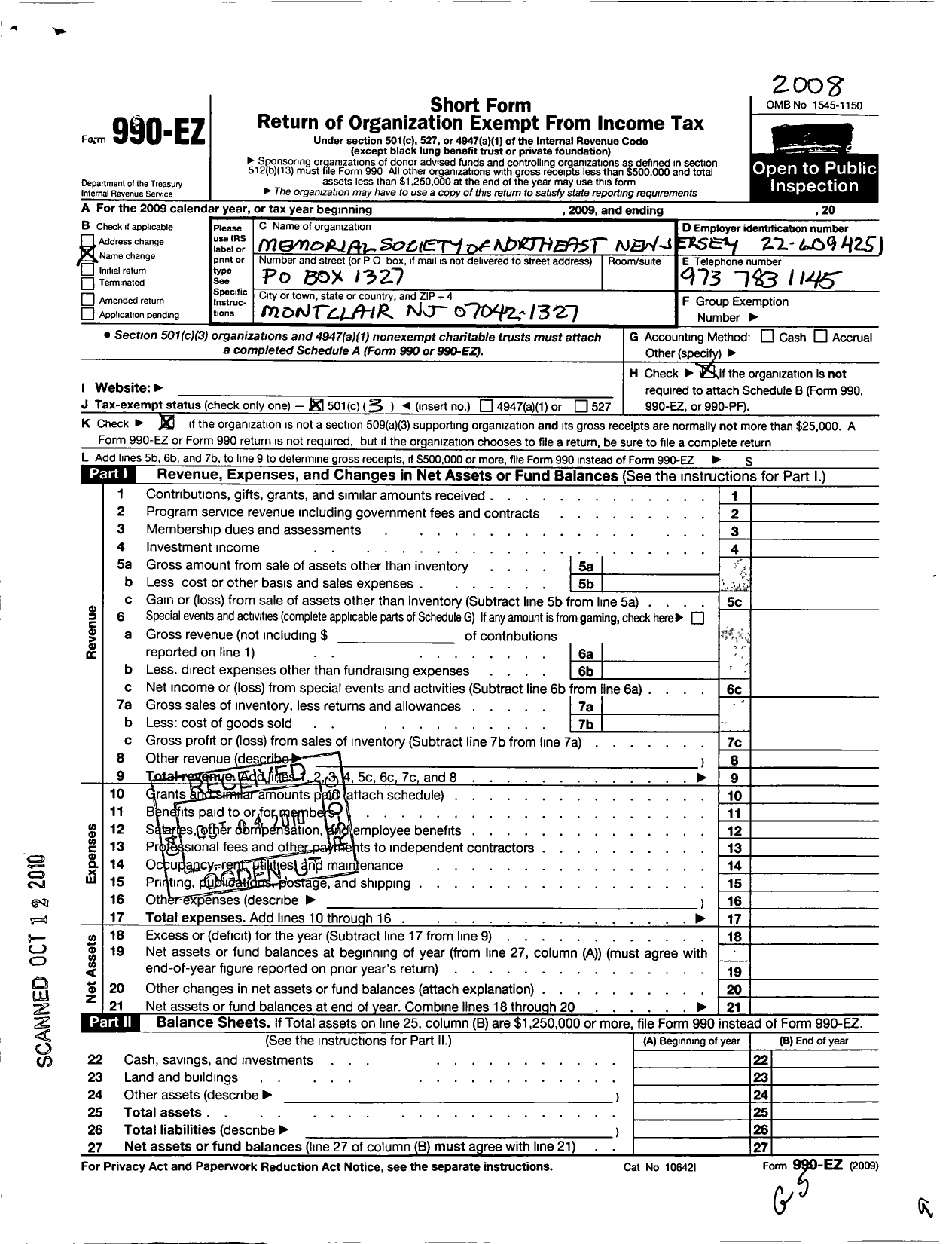 Image of first page of 2008 Form 990EZ for Funeral Consumers Alliance of Northern New Jersey