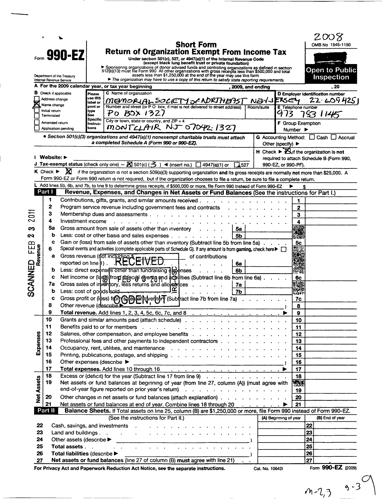 Image of first page of 2008 Form 990EZ for Funeral Consumers Alliance of Northern New Jersey