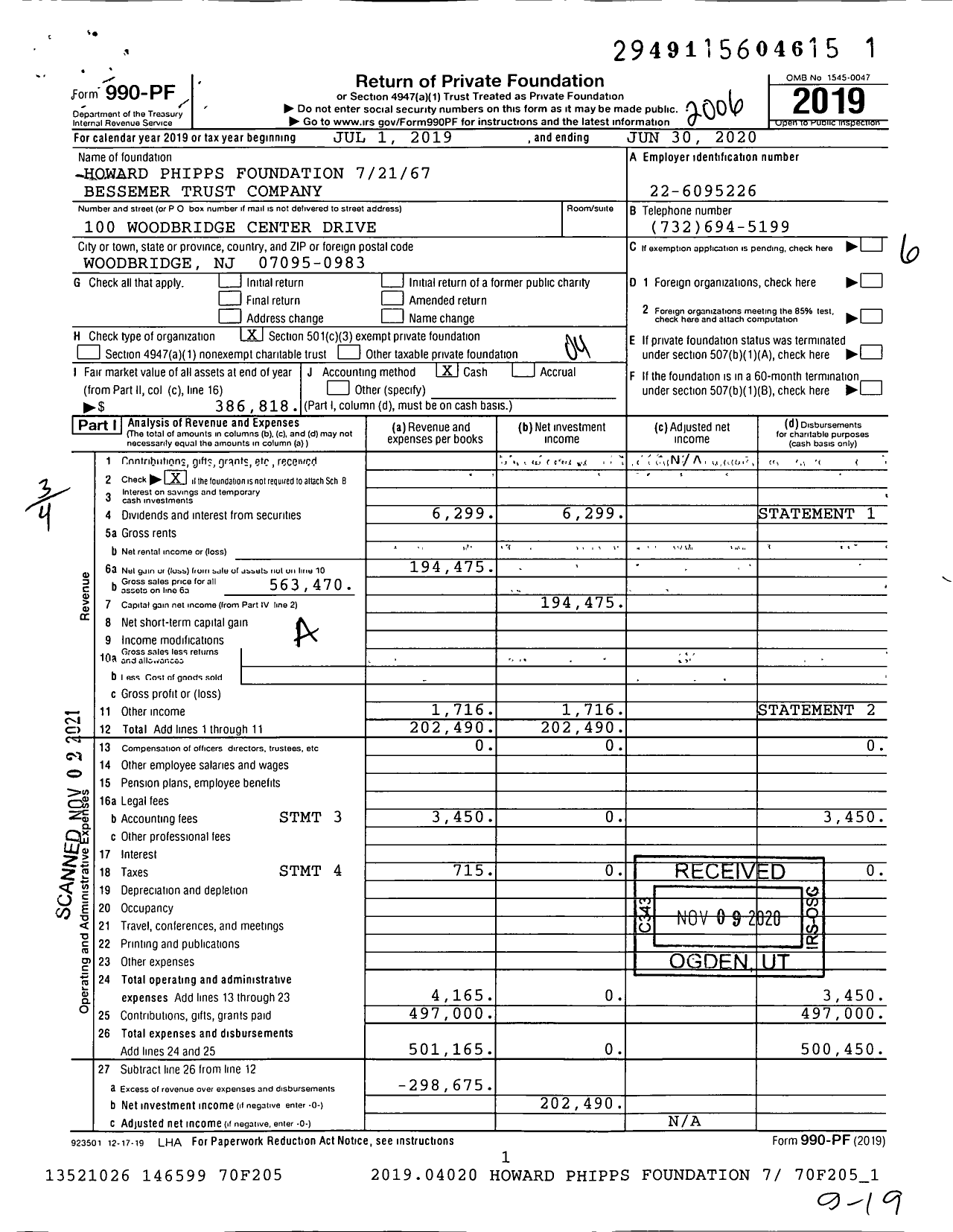 Image of first page of 2019 Form 990PF for Howard Phipps Foundation 72167 Bessemer Trust Company