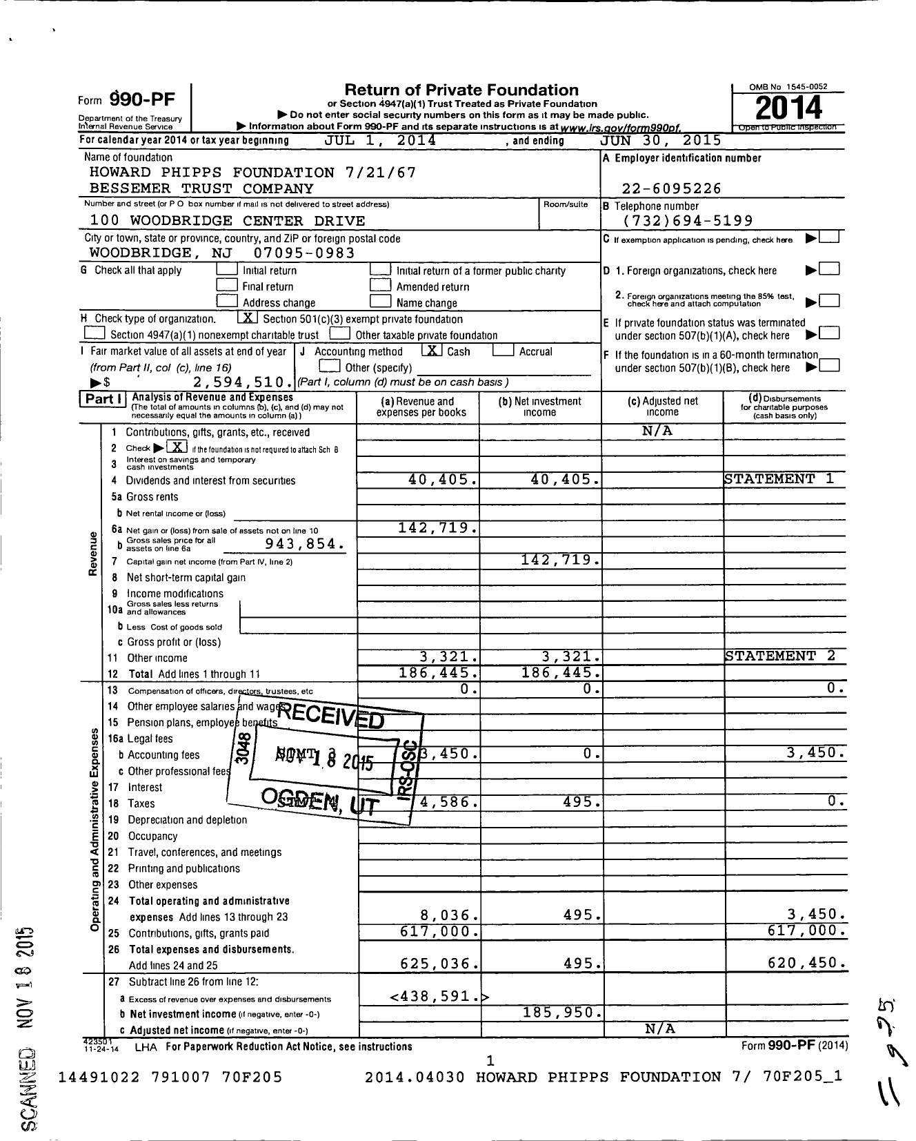 Image of first page of 2014 Form 990PF for Howard Phipps Foundation 72167 Bessemer Trust Company