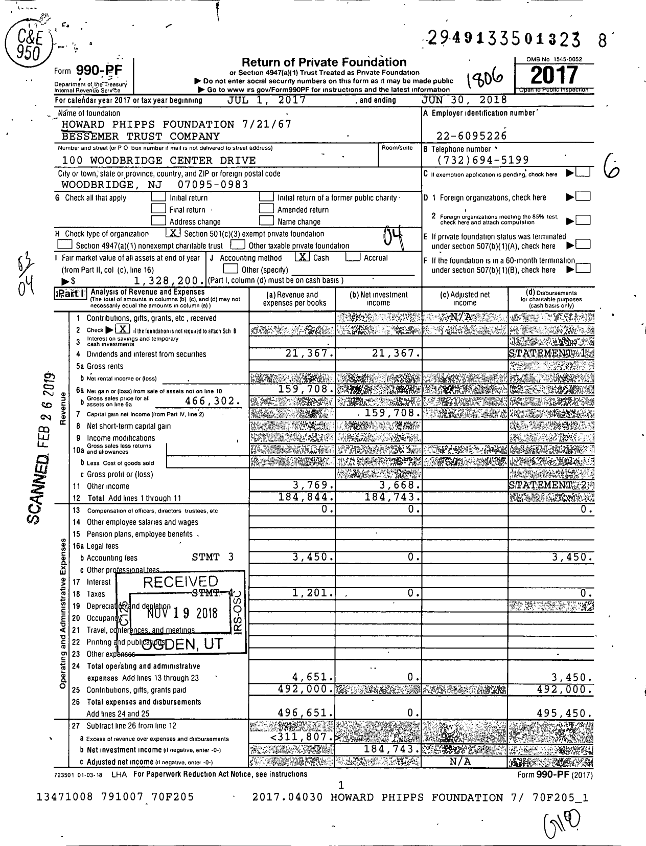 Image of first page of 2017 Form 990PF for Howard Phipps Foundation 72167 Bessemer Trust Company
