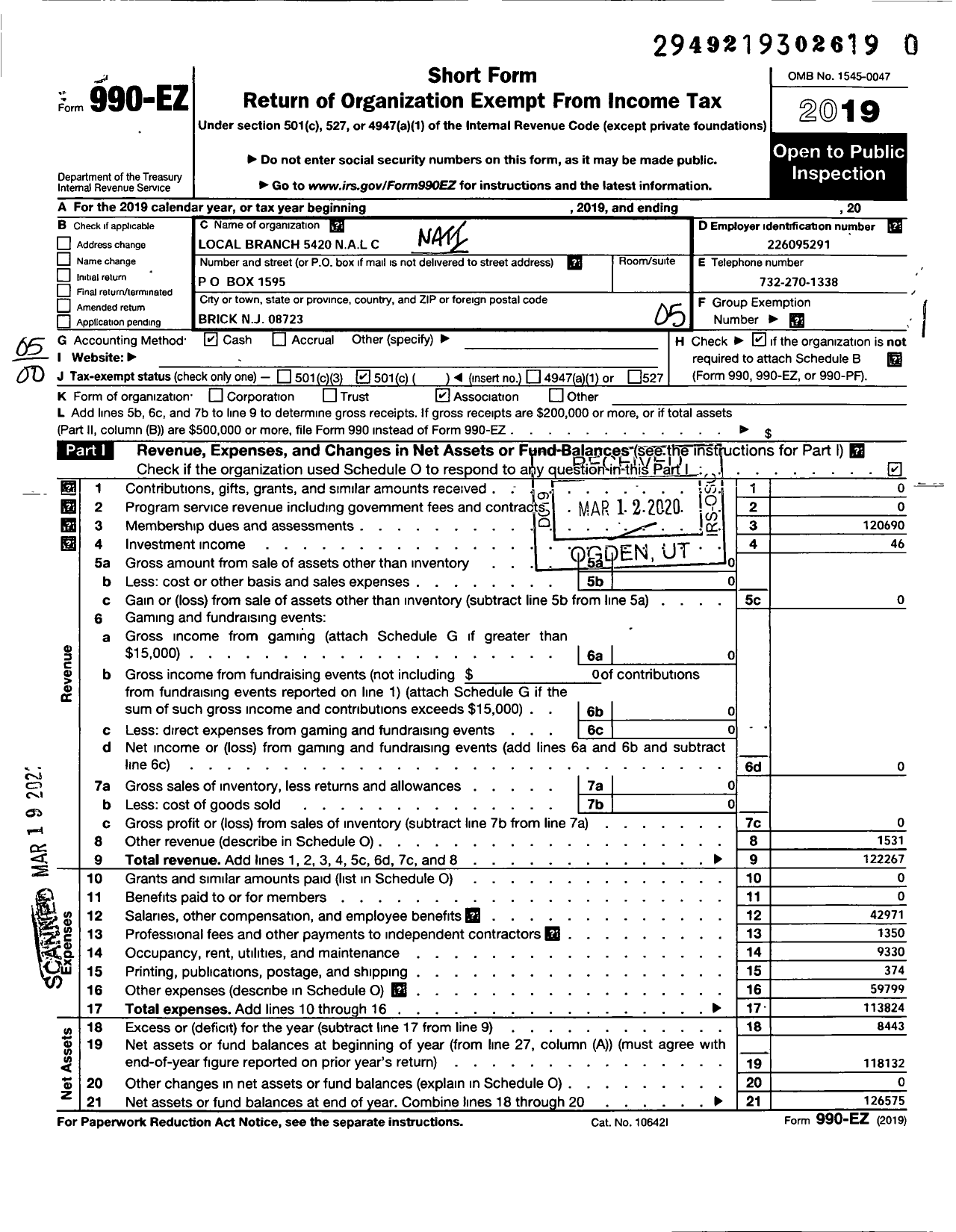 Image of first page of 2019 Form 990EO for National Association of Letter Carriers - 5420 Brick Town New Jersey