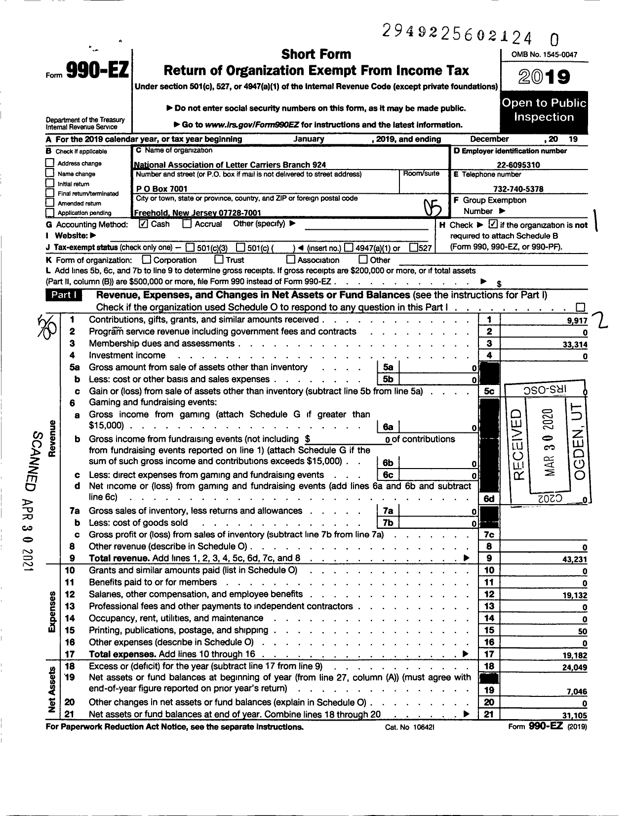 Image of first page of 2019 Form 990EO for National Association of Letter Carrier 924 Freehold New Jersey