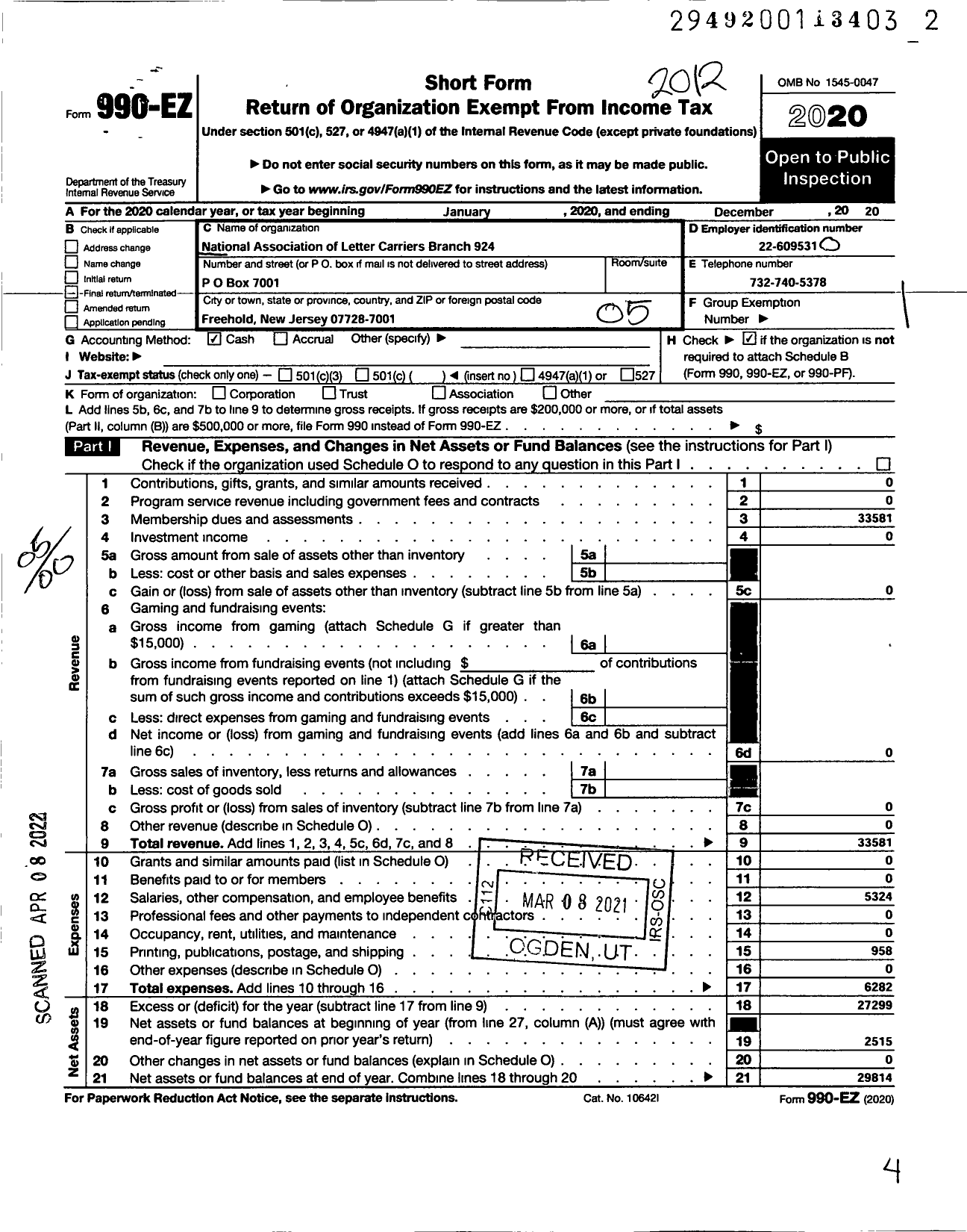 Image of first page of 2020 Form 990EO for National Association of Letter Carrier 924 Freehold New Jersey