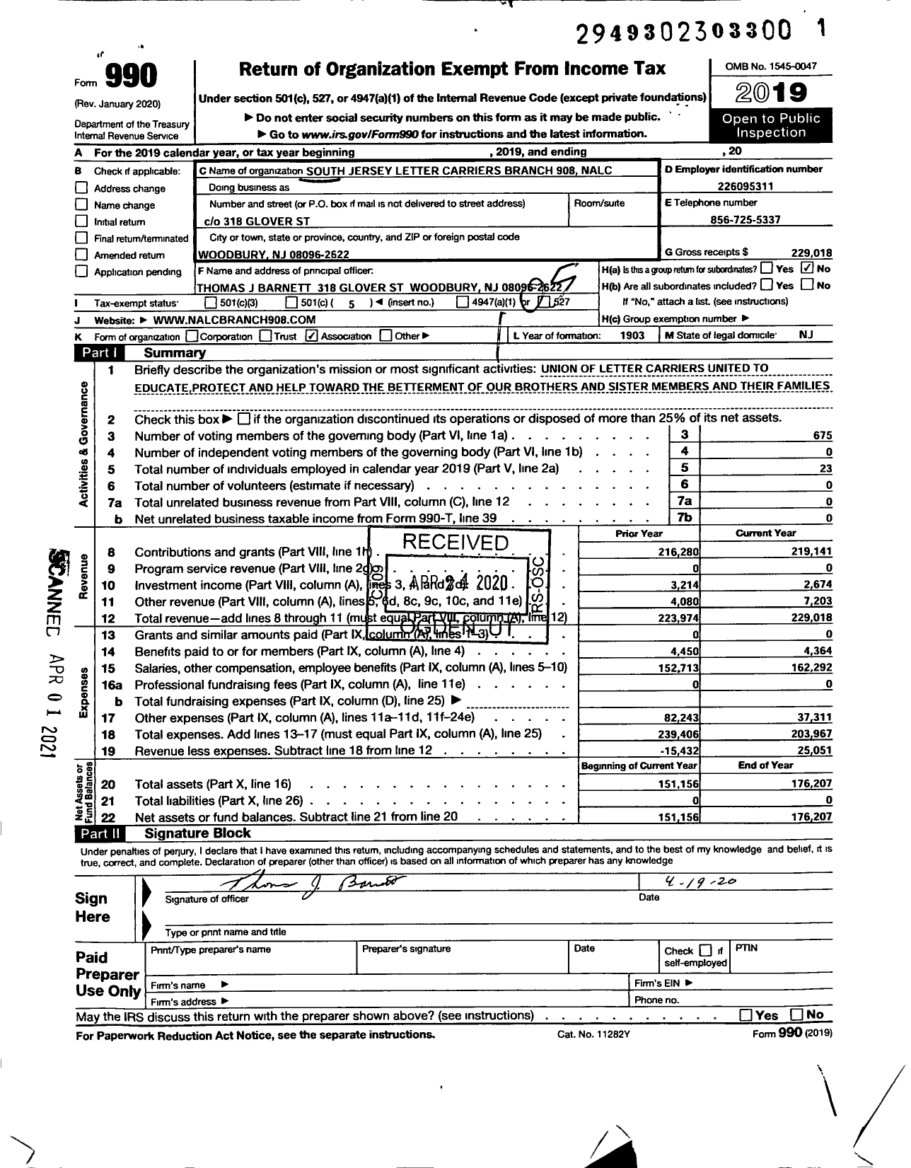 Image of first page of 2019 Form 990O for National Association of Letter Carriers - South Jersey Letter Carriers Branch 908 Nalc