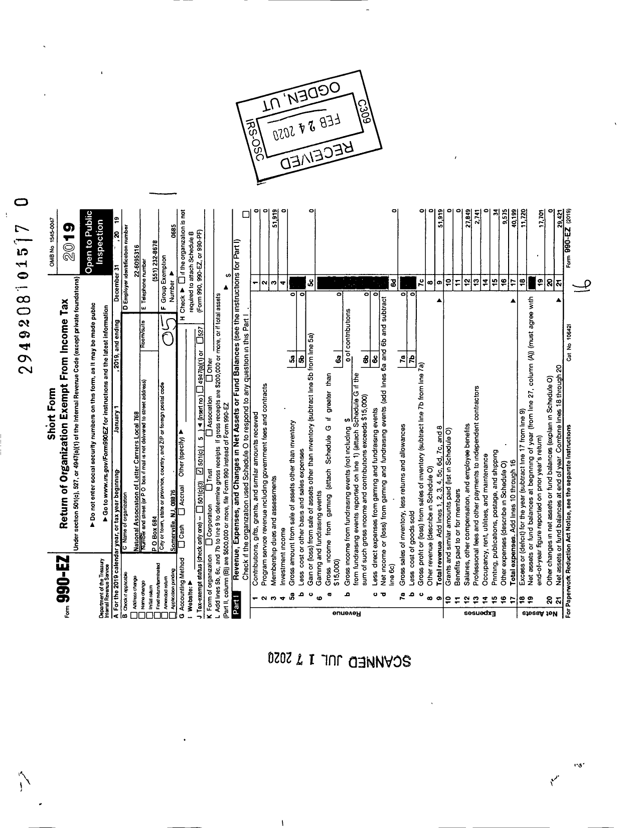 Image of first page of 2019 Form 990EO for National Association of Letter Carriers - 768 Somerville New Jersey