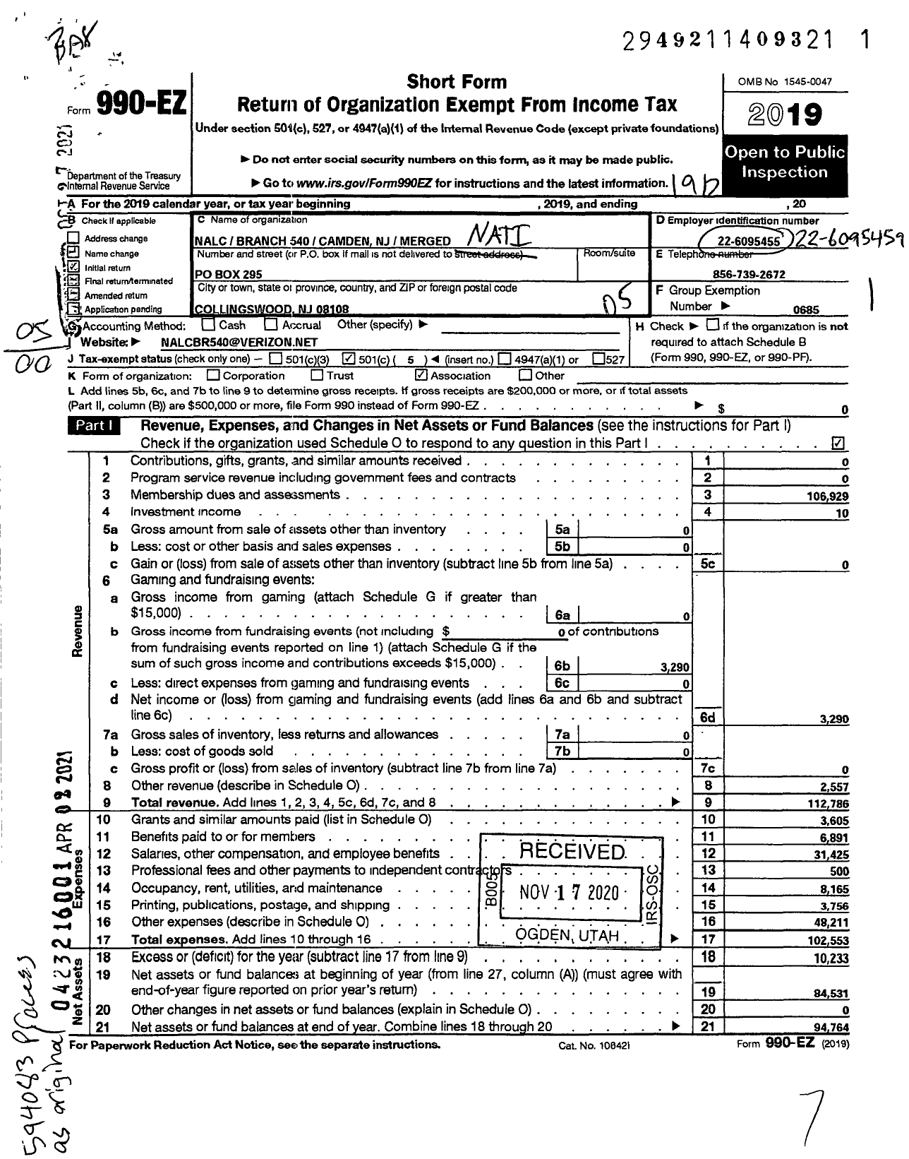 Image of first page of 2019 Form 990EO for National Association of Letter Carriers - 540 Branch Camden NJ Merged