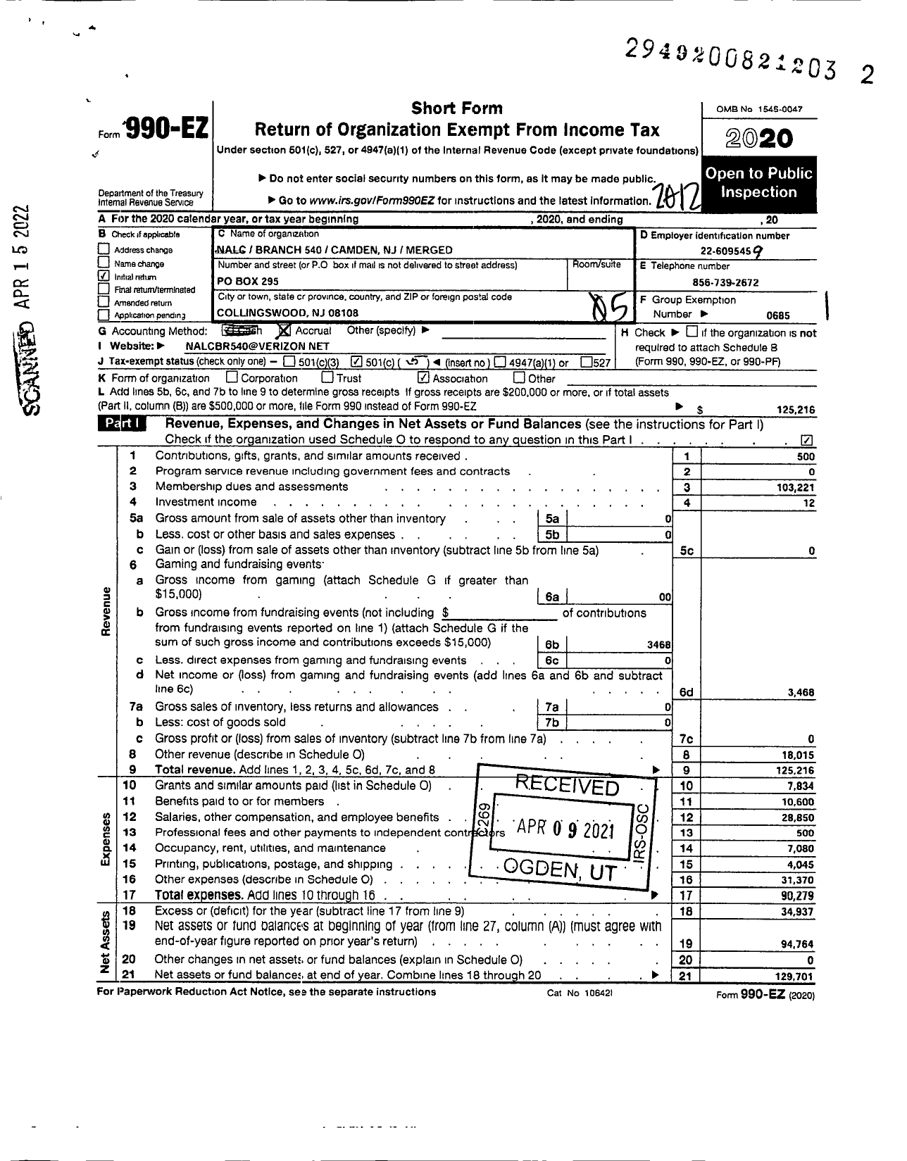 Image of first page of 2020 Form 990EO for National Association of Letter Carriers - 540 Branch Camden NJ Merged