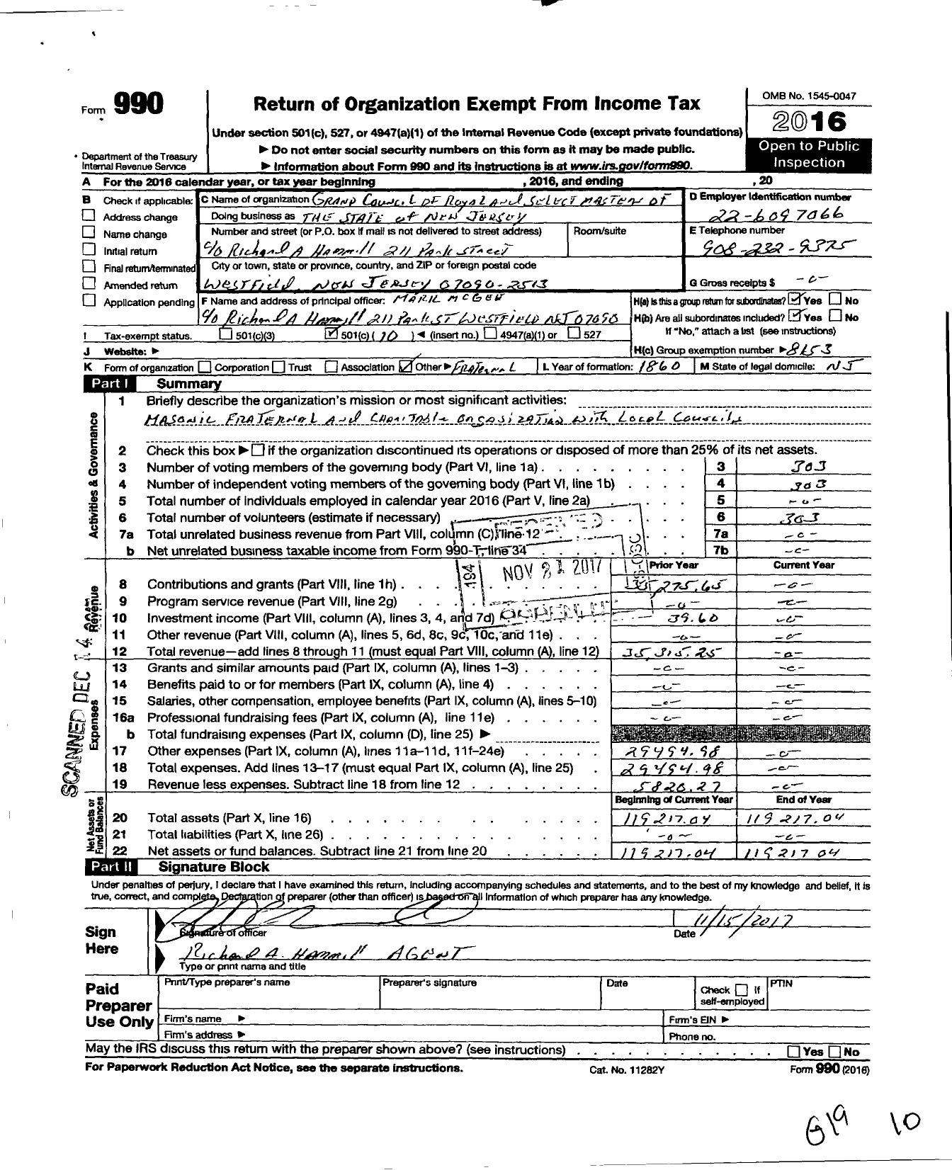 Image of first page of 2016 Form 990O for Grand Council of Royal and Select Masters of the State of New Jersey