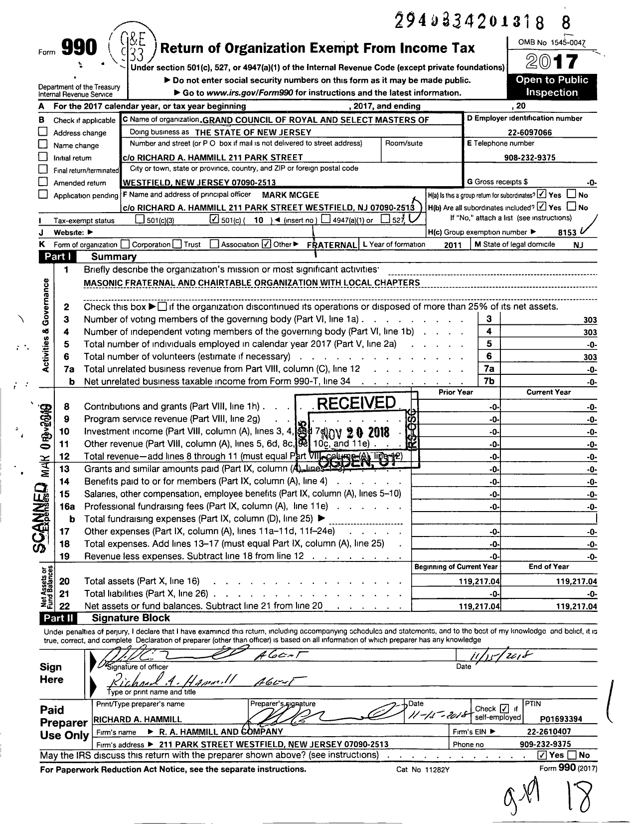 Image of first page of 2017 Form 990O for Grand Council of Royal and Select Masters of the State of New Jersey