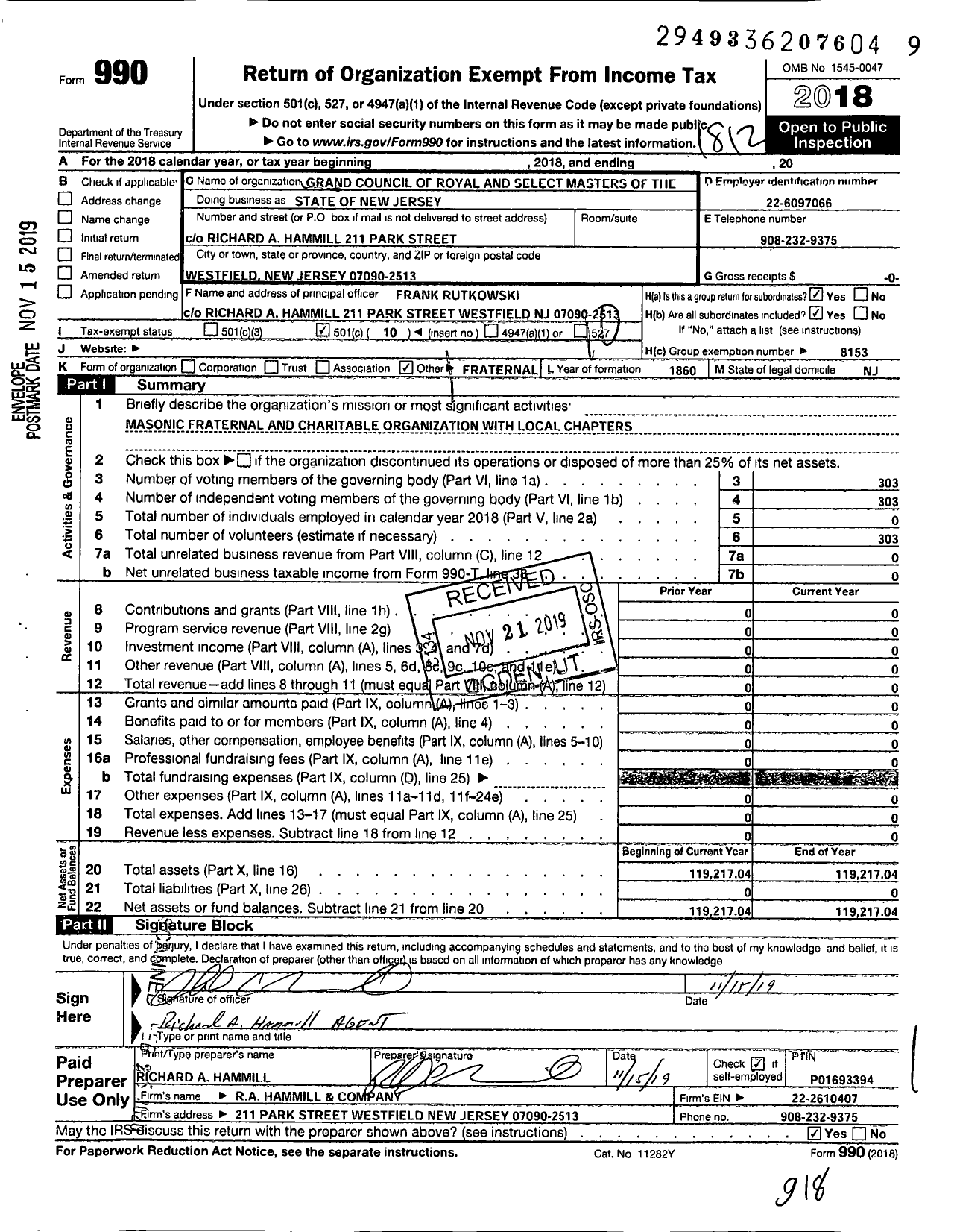 Image of first page of 2018 Form 990O for Grand Council of Royal and Select Masters of the State of New Jersey