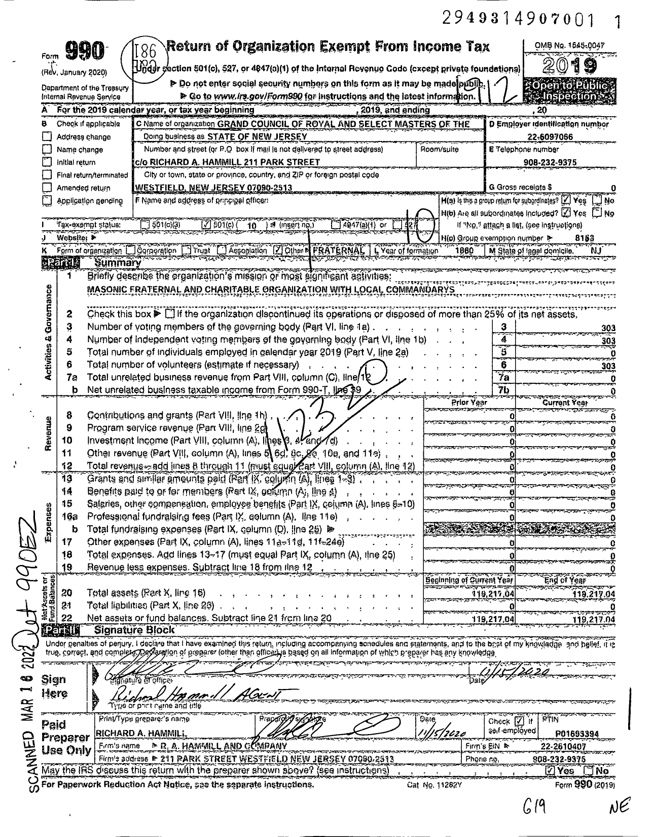 Image of first page of 2019 Form 990O for Grand Council of Royal and Select Masters of the State of New Jersey