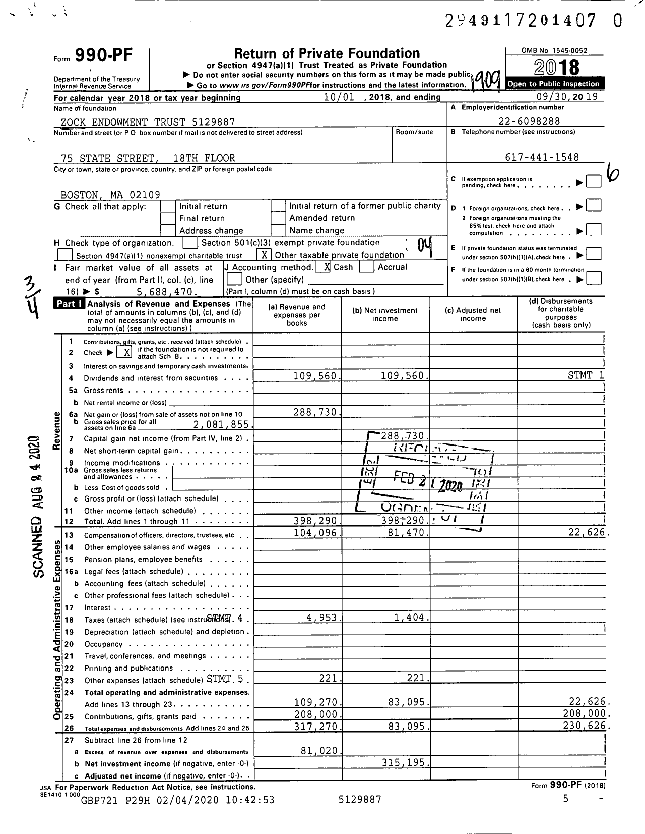 Image of first page of 2018 Form 990PR for Zock Endowment Trust 5129887