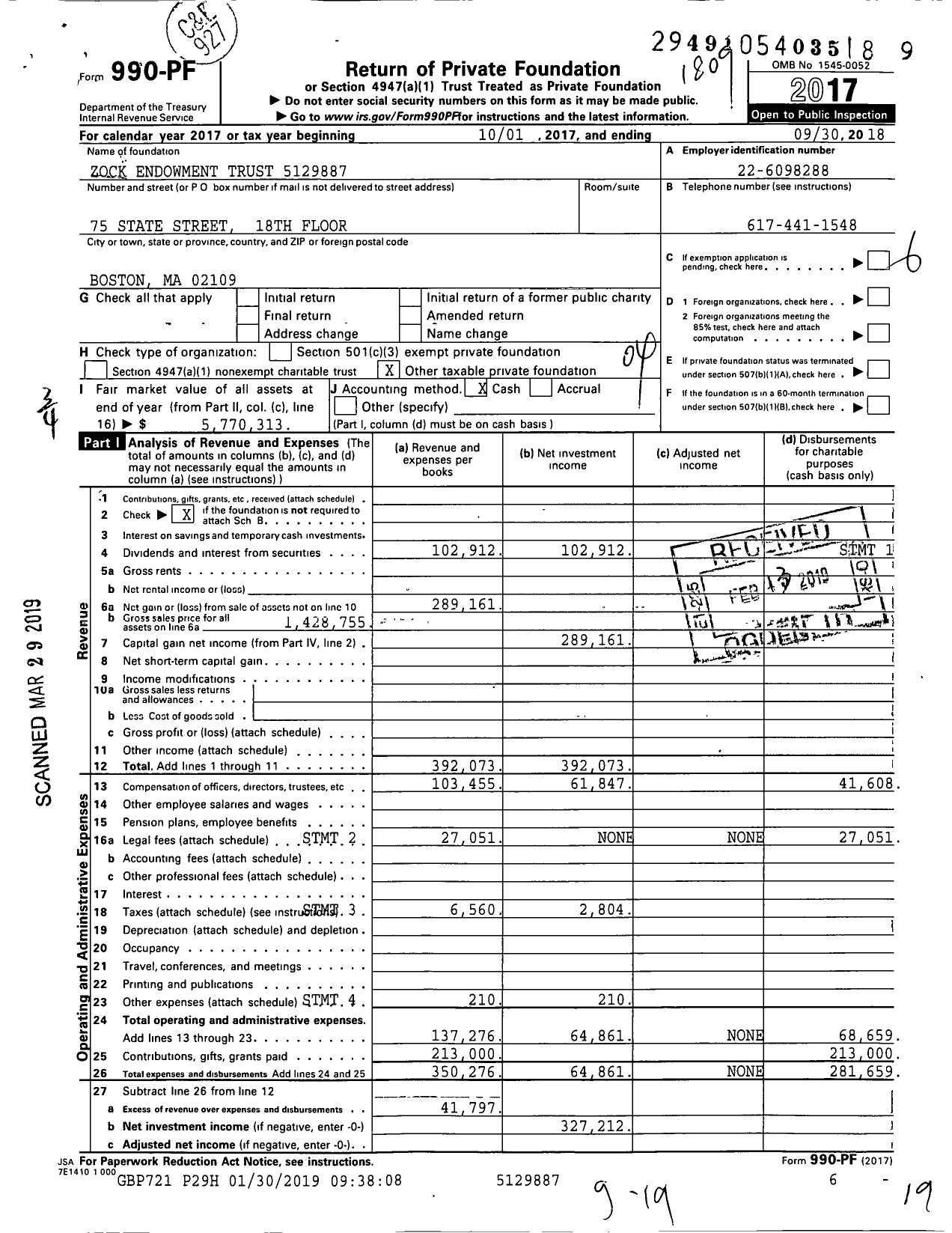 Image of first page of 2017 Form 990PF for Zock Endowment Trust 5129887