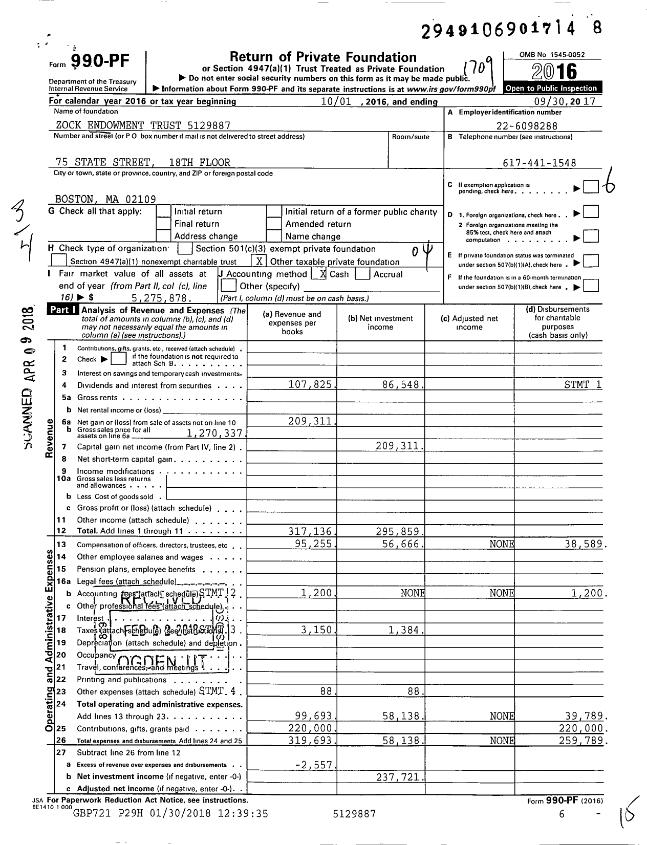 Image of first page of 2016 Form 990PF for Zock Endowment Trust 5129887