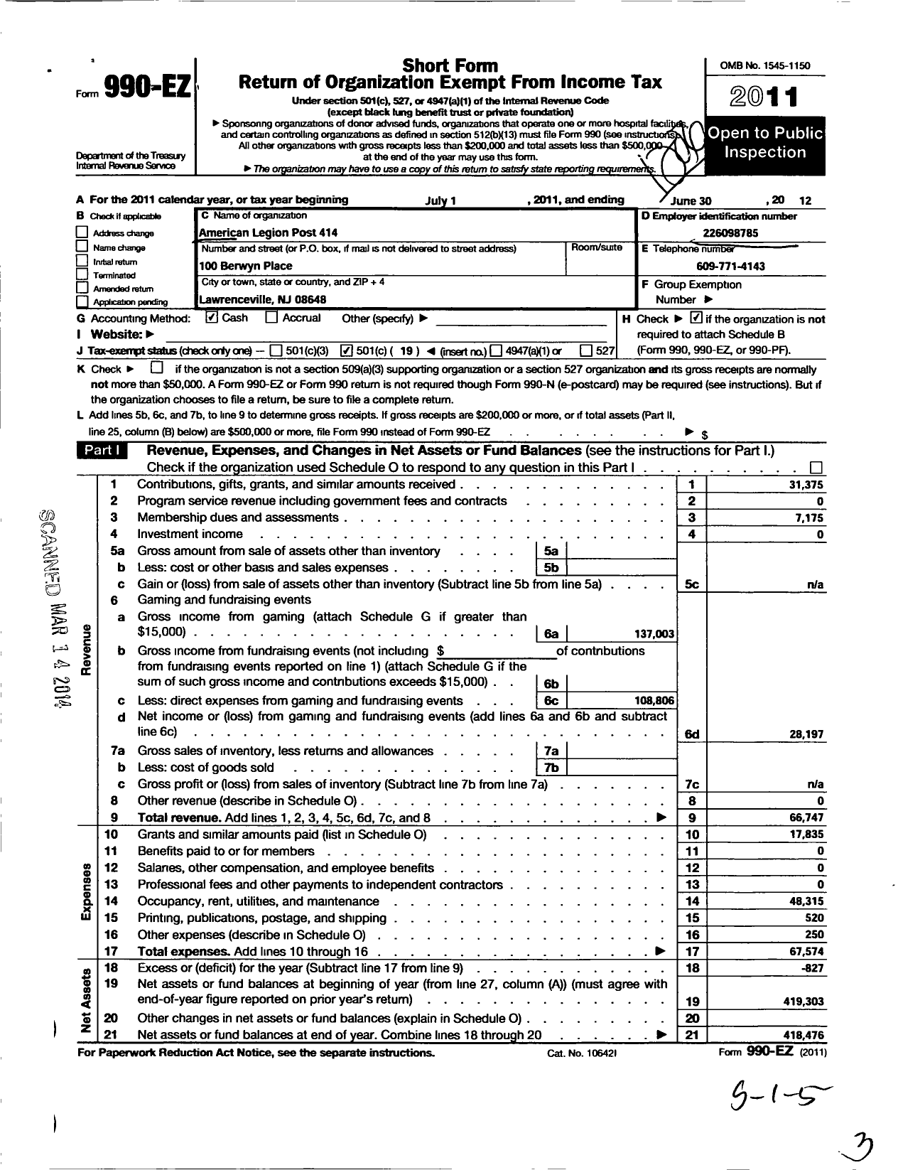 Image of first page of 2011 Form 990EO for Lawrence Township Post No 414