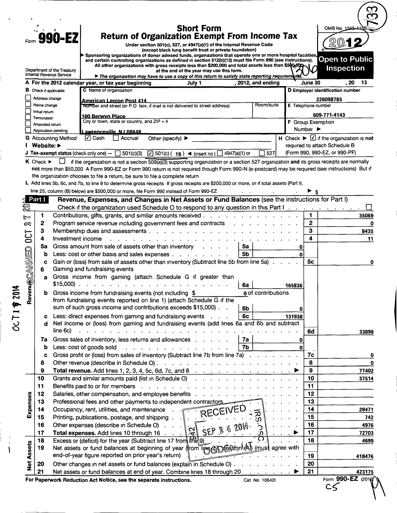 Image of first page of 2012 Form 990EO for Lawrence Township Post No 414