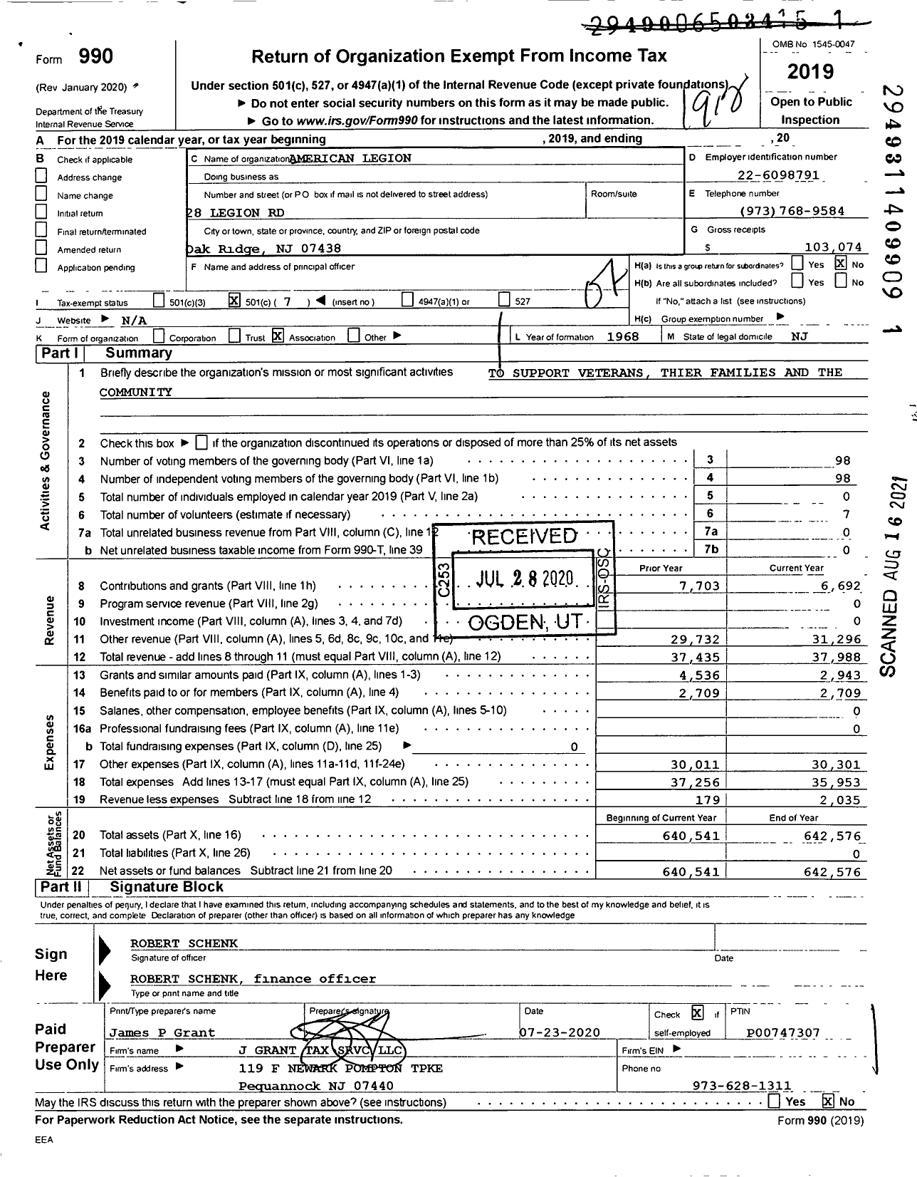 Image of first page of 2019 Form 990O for American Legion - 423 Tri County Memorial Post