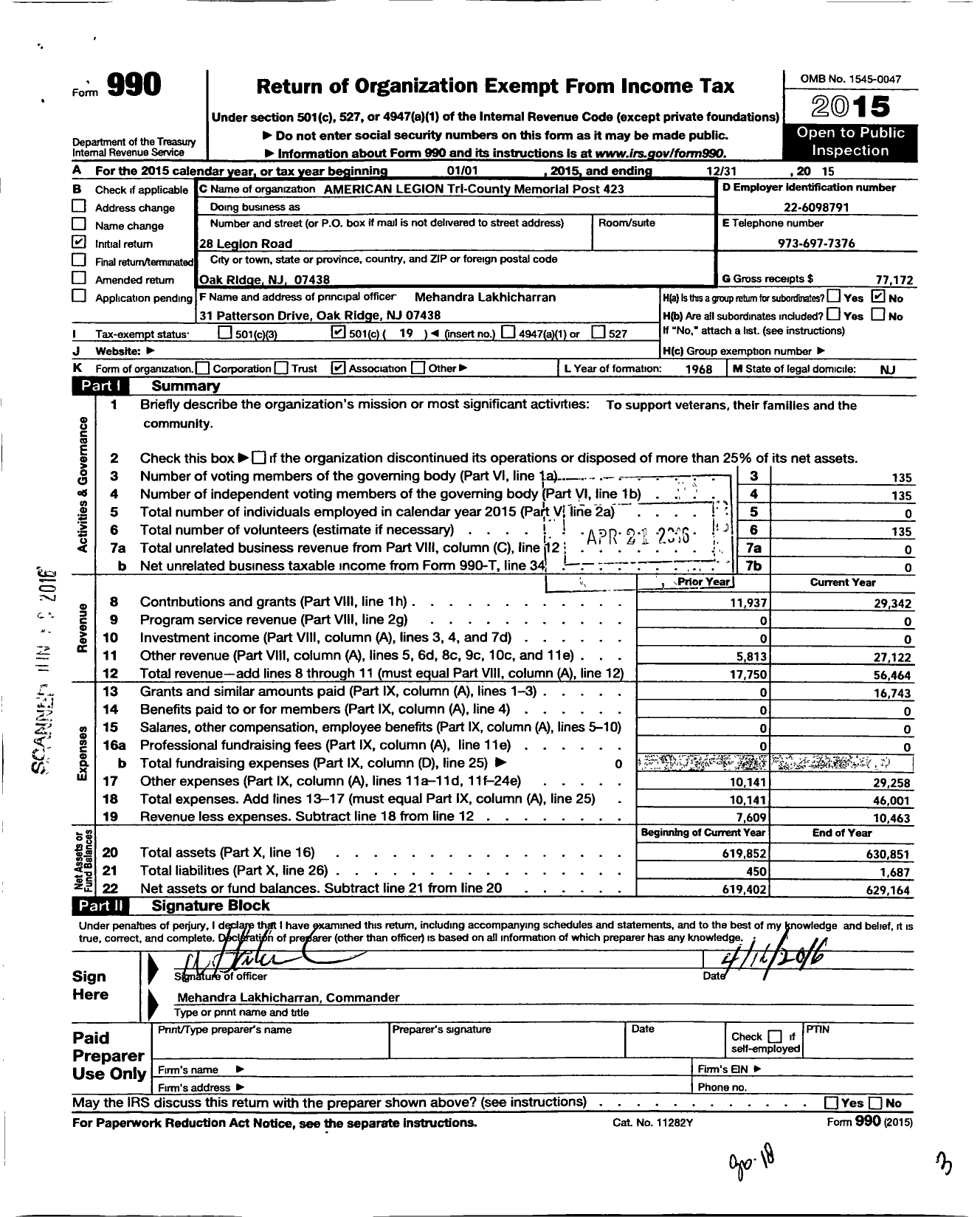 Image of first page of 2015 Form 990O for American Legion - 423 Tri County Memorial Post