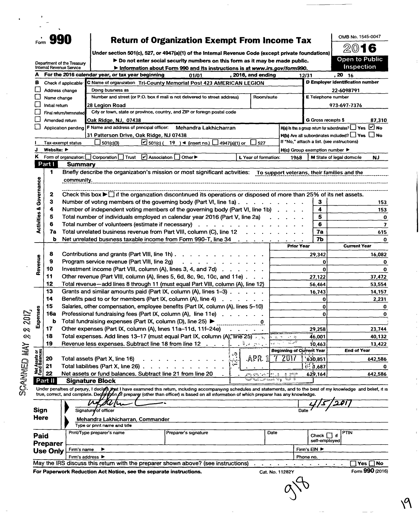 Image of first page of 2016 Form 990O for American Legion - 423 Tri County Memorial Post