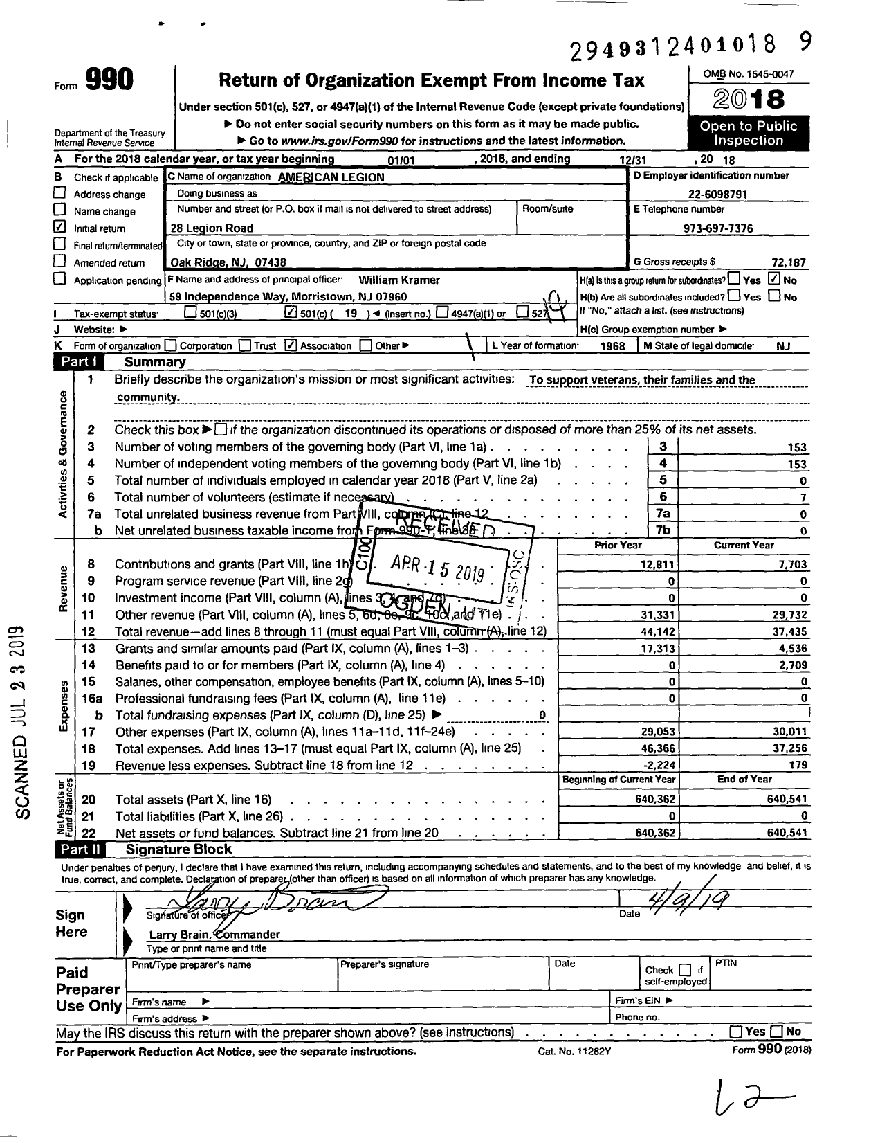 Image of first page of 2018 Form 990O for American Legion - 423 Tri County Memorial Post