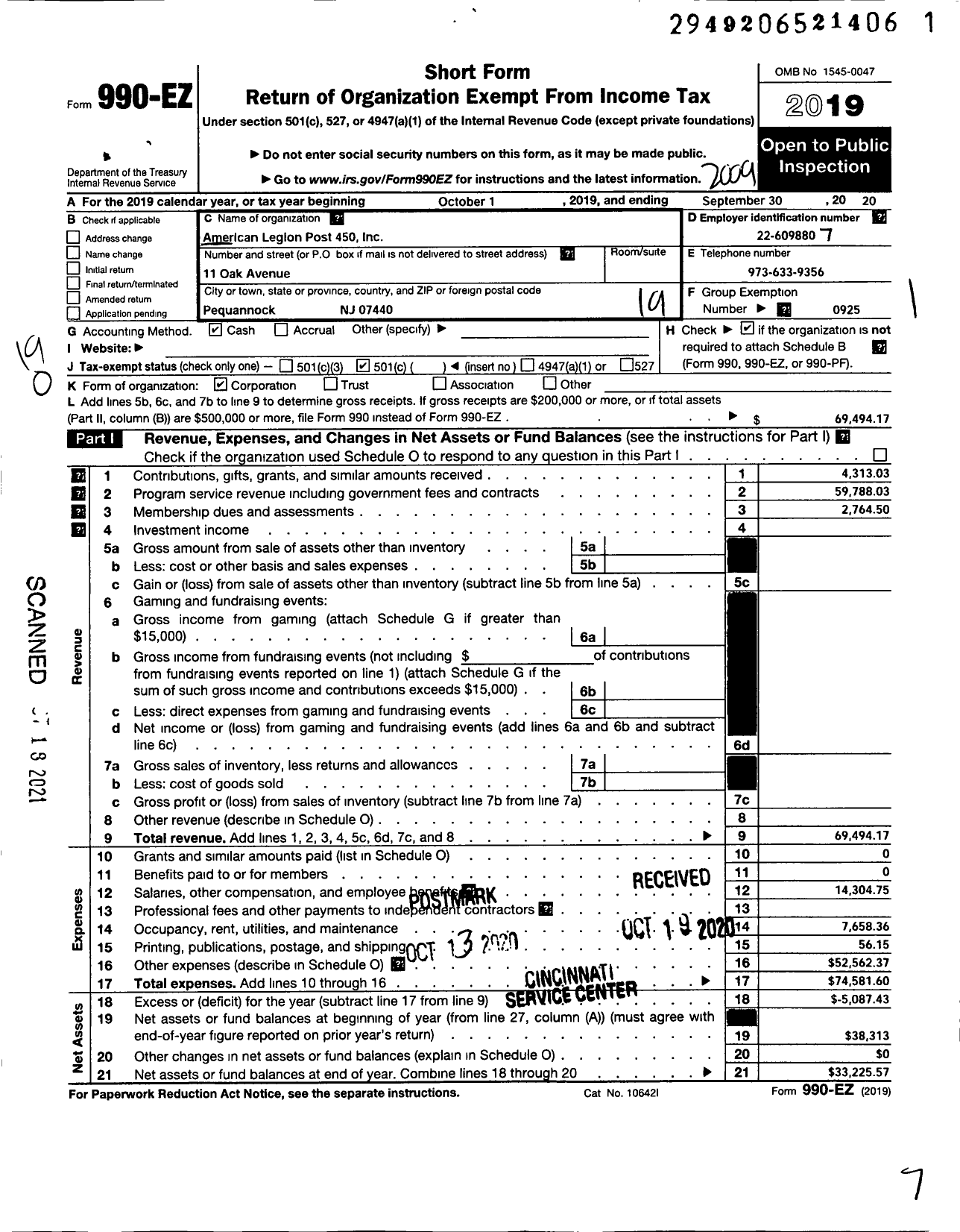 Image of first page of 2019 Form 990EO for American Legion - 450 Pequannock Memorial Post