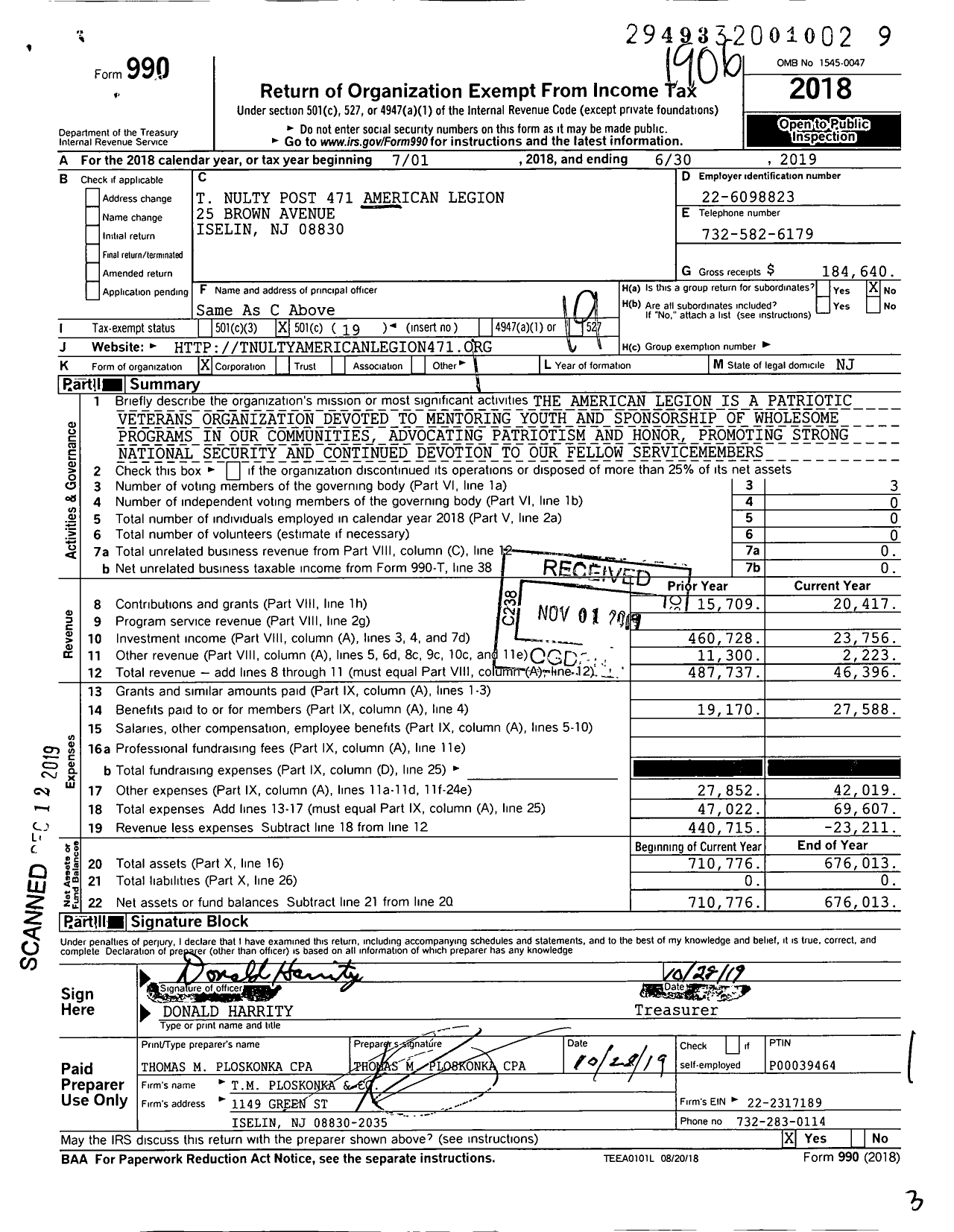 Image of first page of 2018 Form 990O for American Legion - T Nulty Post 471