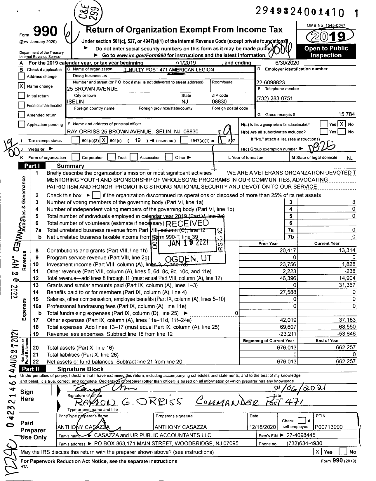 Image of first page of 2019 Form 990O for American Legion - T Nulty Post 471