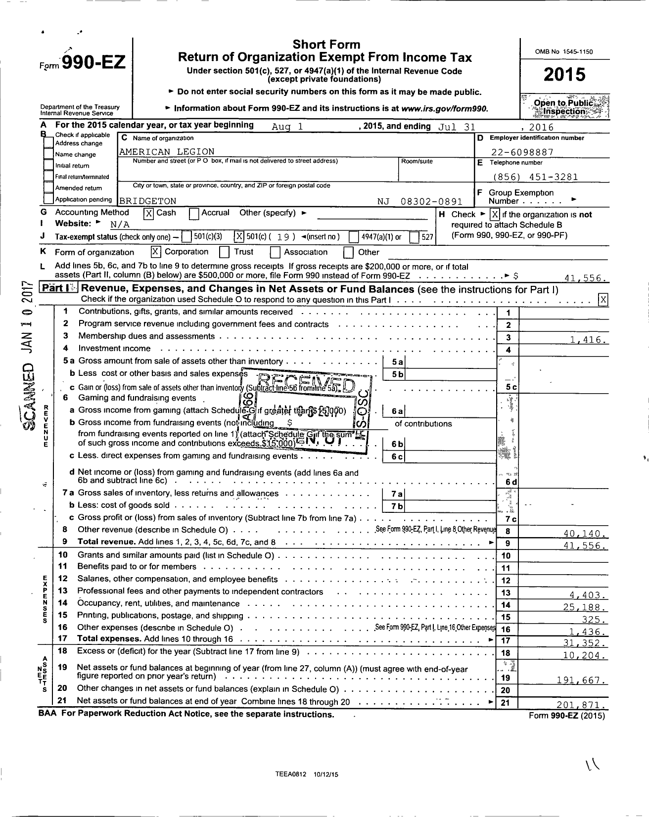 Image of first page of 2015 Form 990EO for American Legion - 0095 Shoemaker