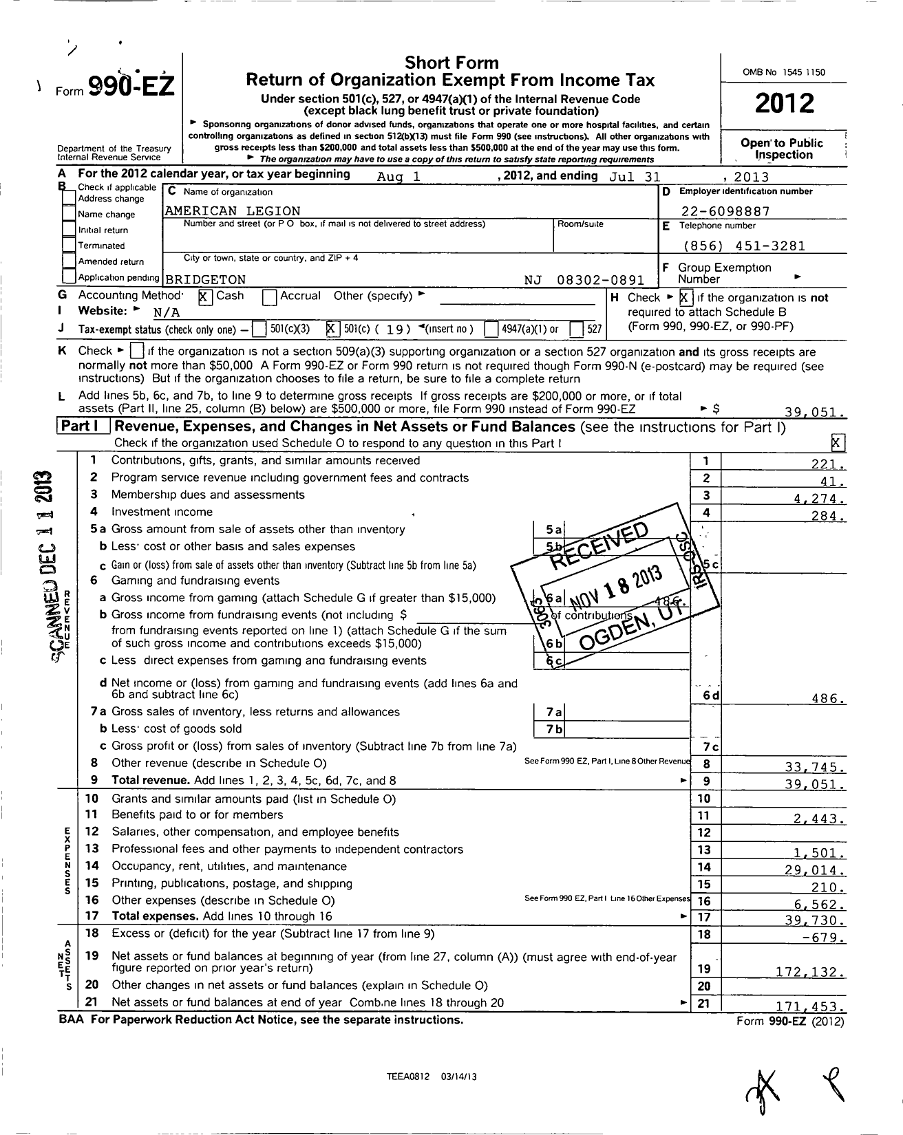 Image of first page of 2012 Form 990EO for American Legion - 0095 Shoemaker