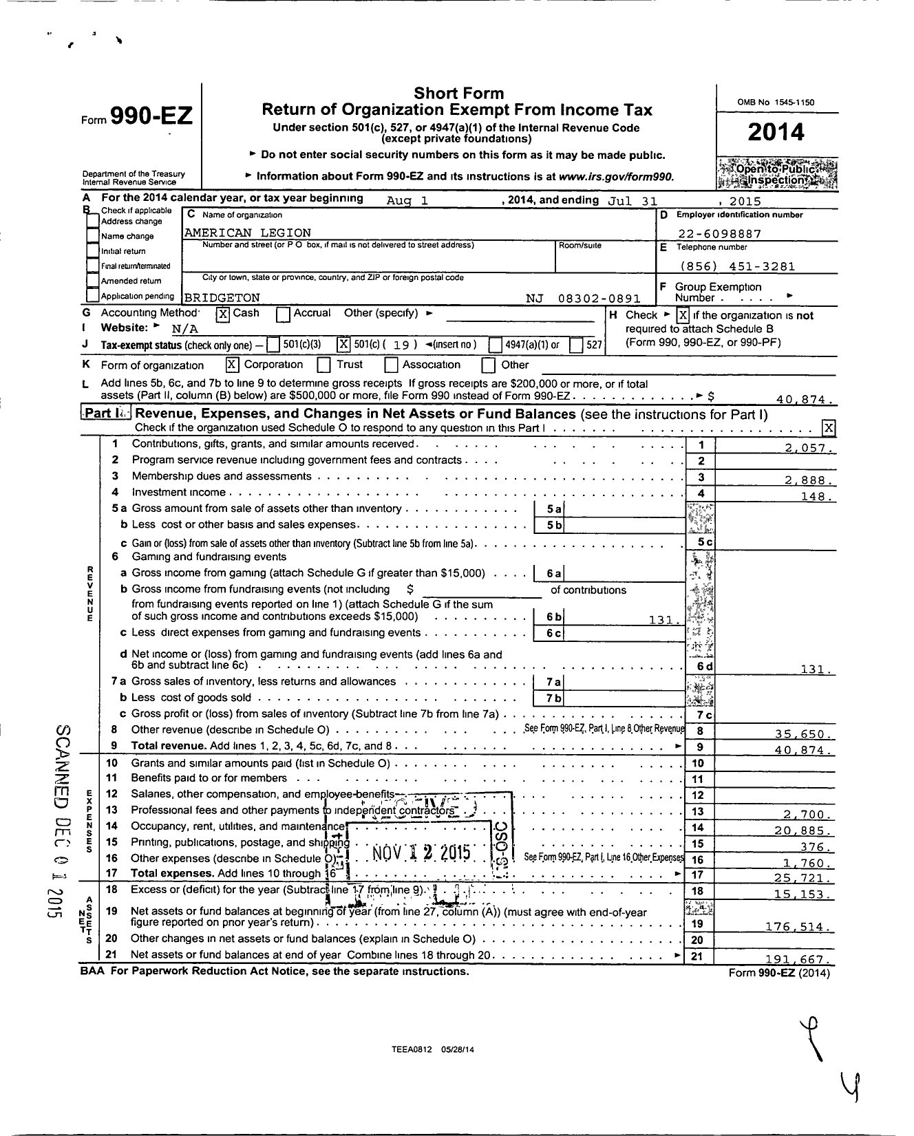 Image of first page of 2014 Form 990EO for American Legion - 0095 Shoemaker