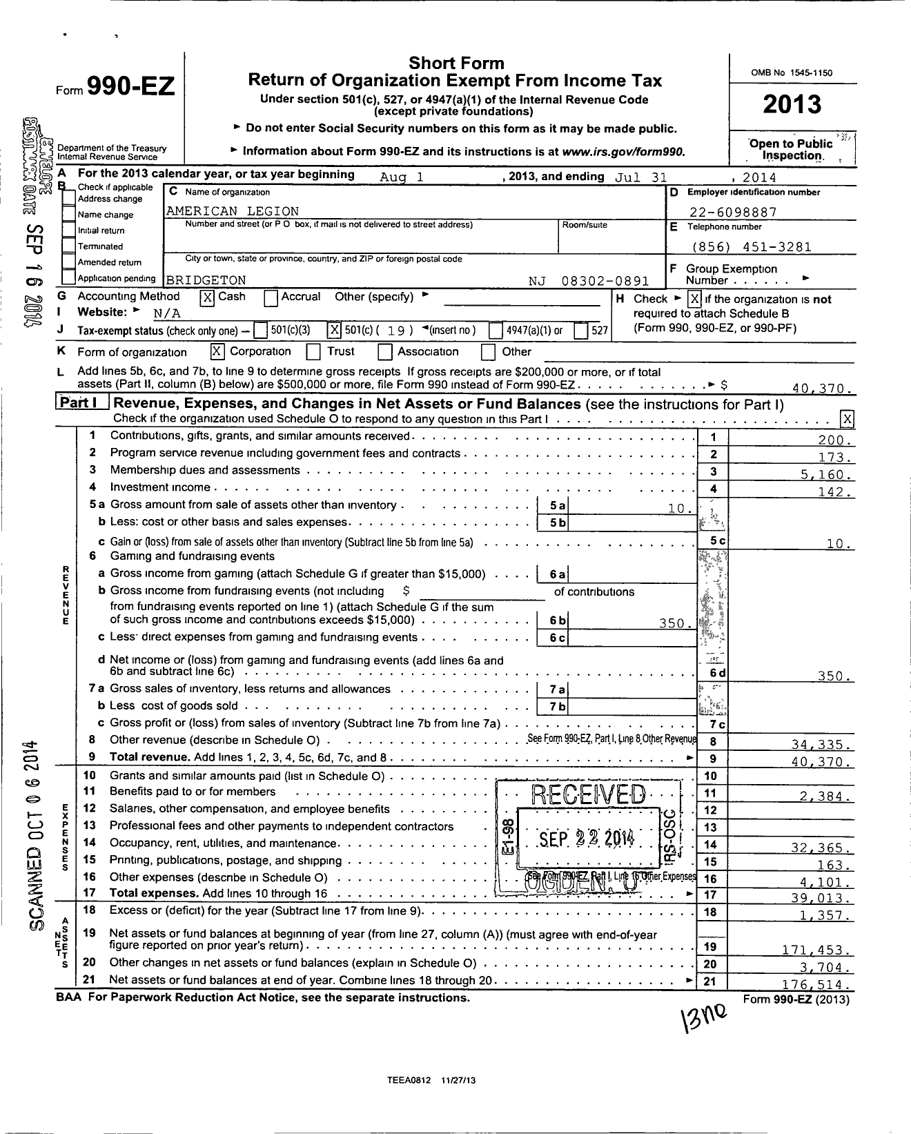 Image of first page of 2013 Form 990EO for American Legion - 0095 Shoemaker