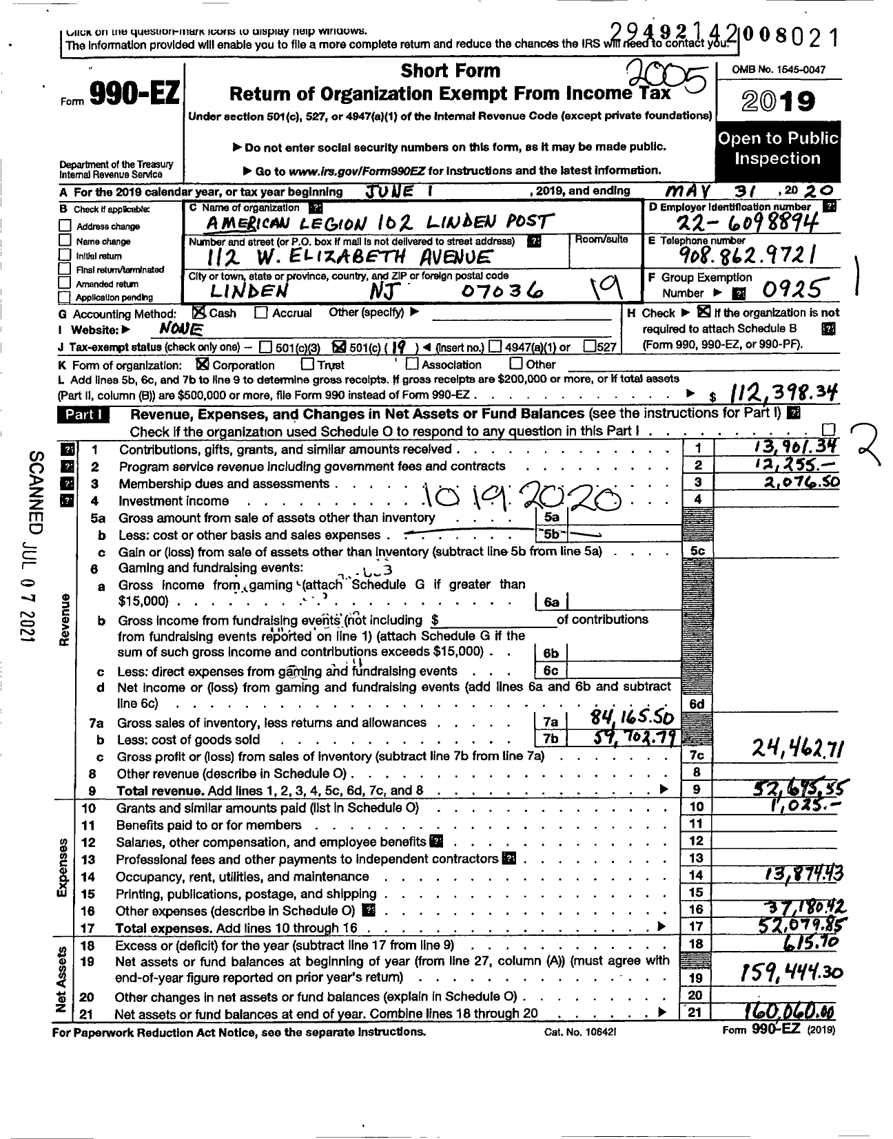 Image of first page of 2019 Form 990EO for American Legion 102 Linden Post