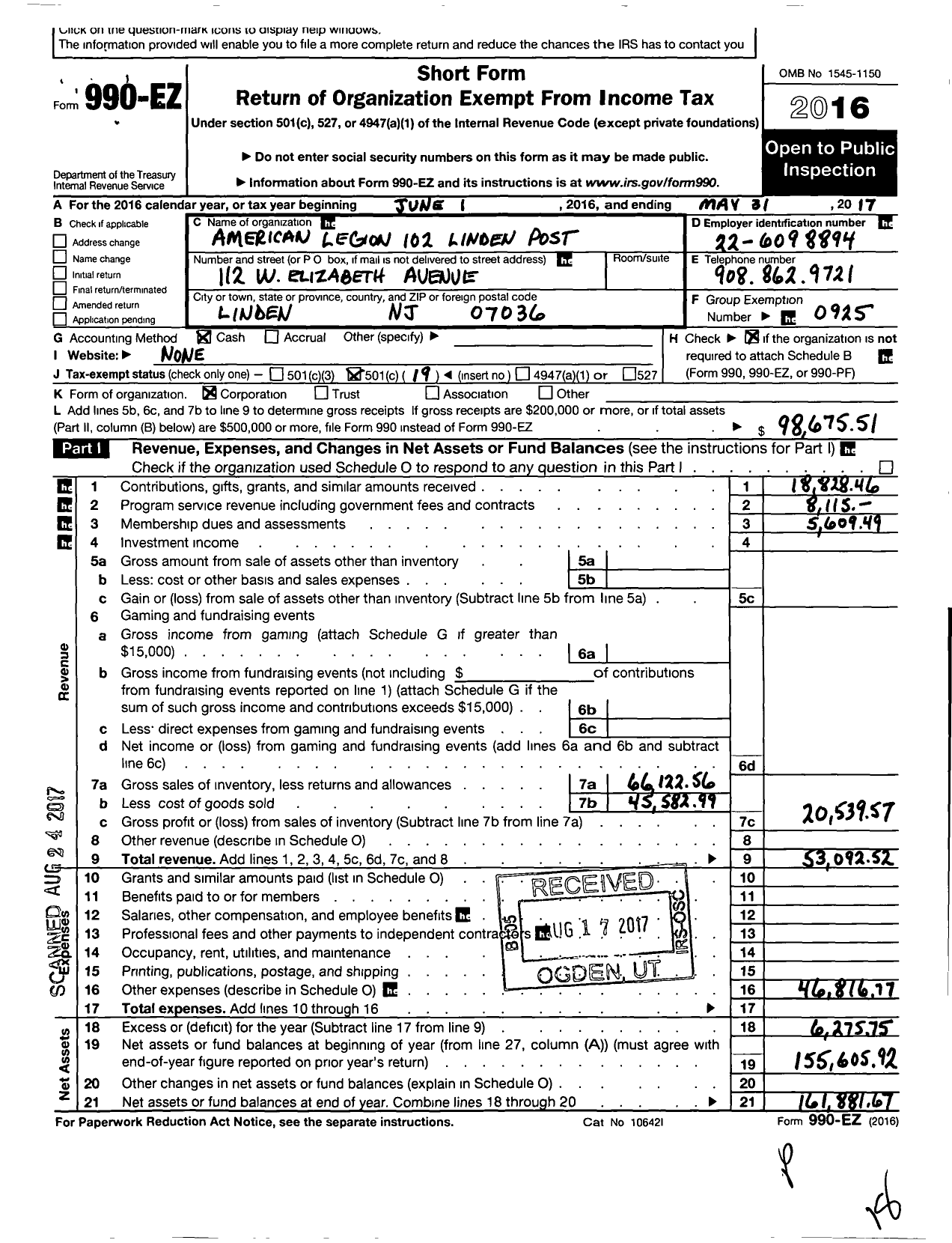 Image of first page of 2016 Form 990EO for American Legion 102 Linden Post