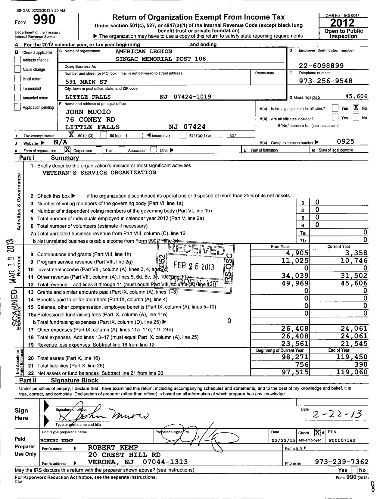 Image of first page of 2012 Form 990 for American Legion Singac Memorial Post 108