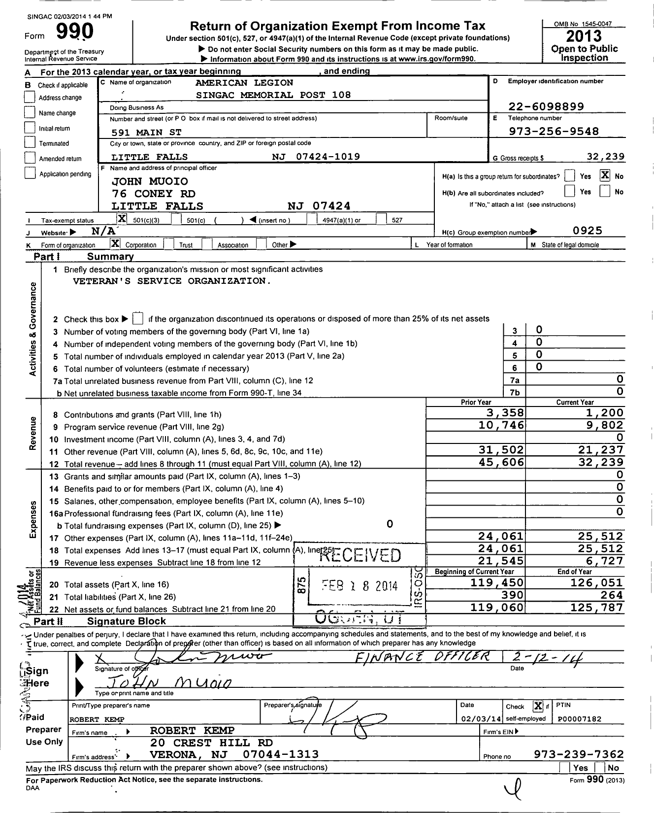 Image of first page of 2013 Form 990 for American Legion Singac Memorial Post 108