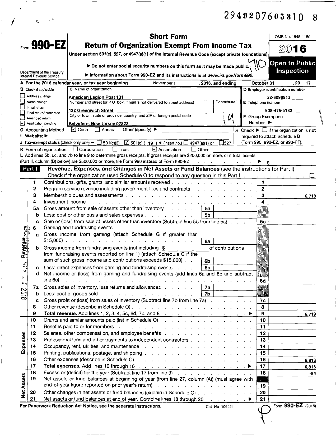 Image of first page of 2016 Form 990EO for American Legion