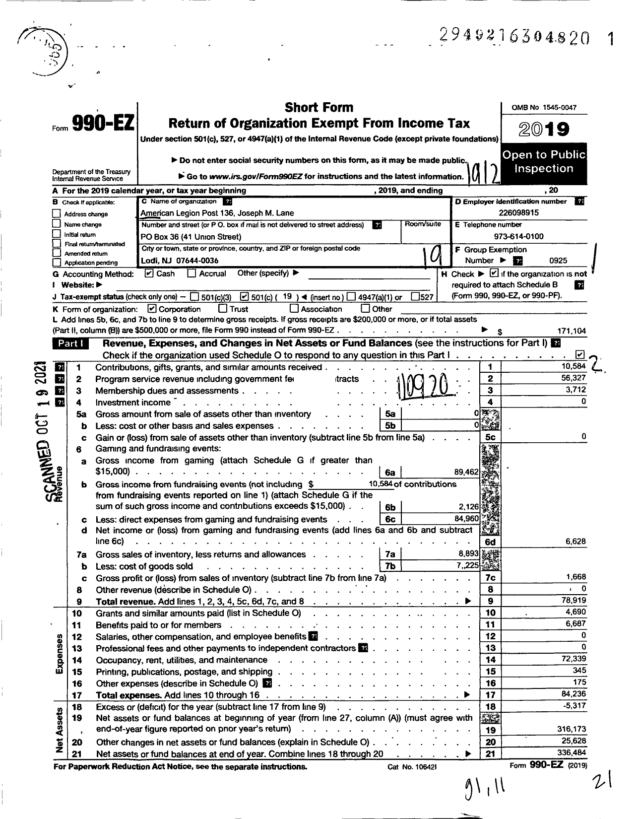 Image of first page of 2019 Form 990EO for American Legion - 136 JOSEPH M LANE Post