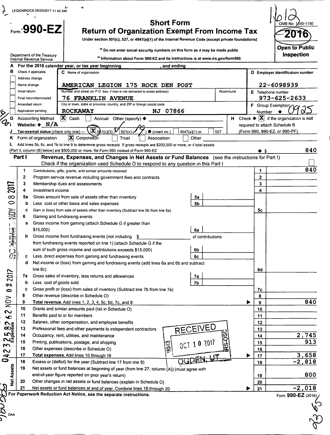 Image of first page of 2016 Form 990EO for American Legion - 175 Rock Den Post