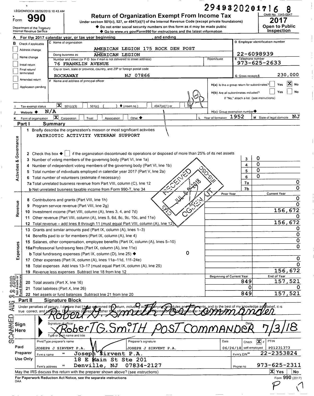 Image of first page of 2017 Form 990O for American Legion - 175 Rock Den Post