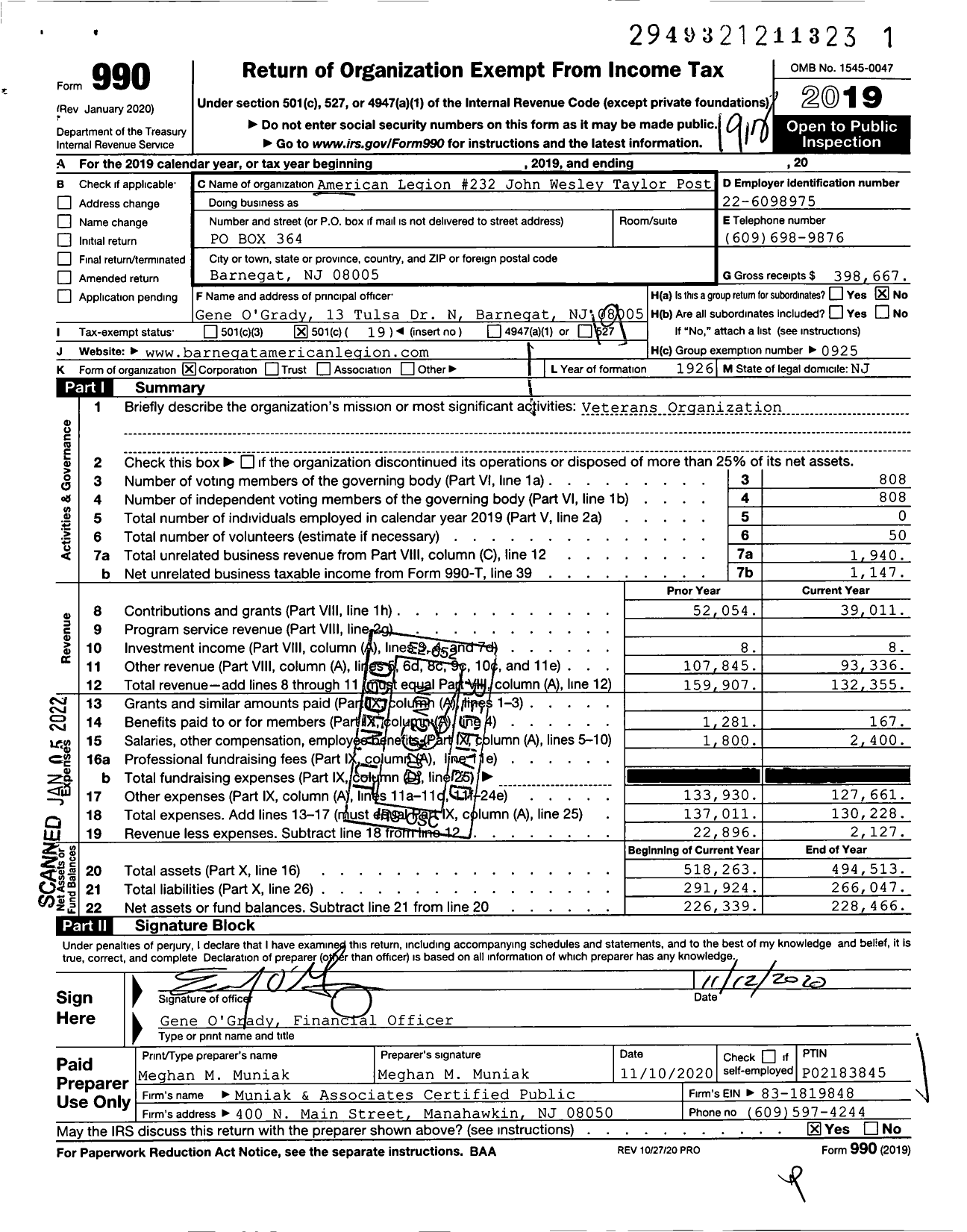 Image of first page of 2019 Form 990O for American Legion - 232 John Westley Taylor