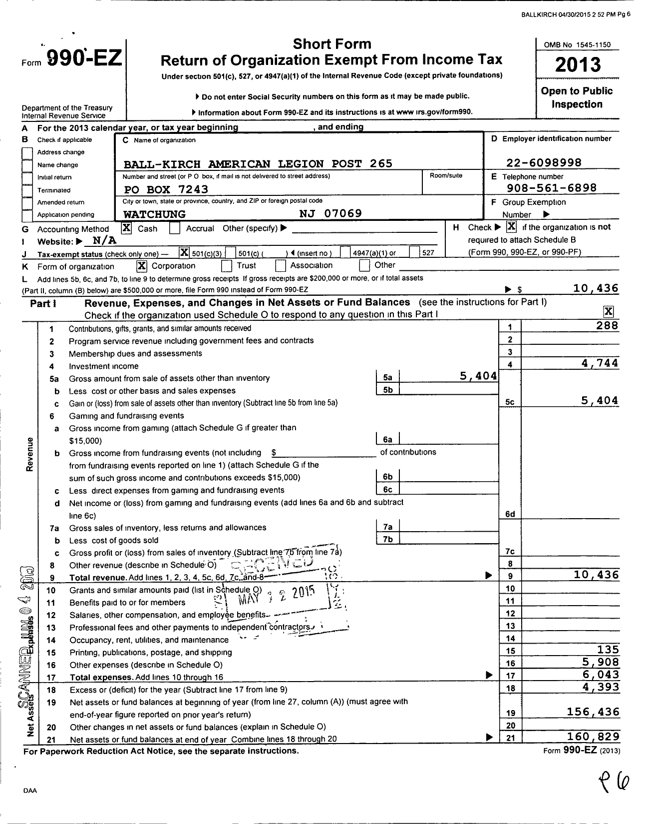 Image of first page of 2013 Form 990EZ for American Legion - 265 Ball Kirch