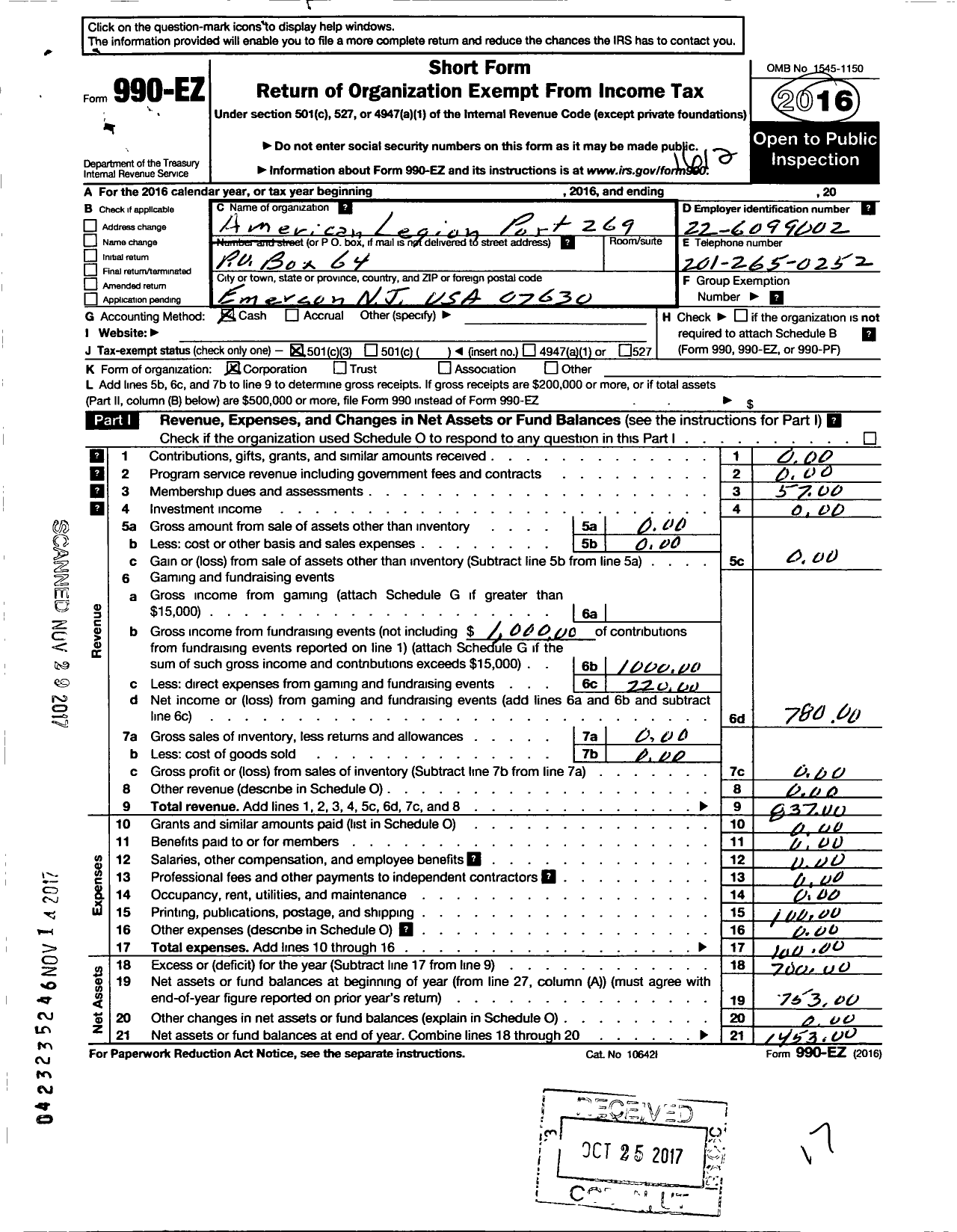 Image of first page of 2016 Form 990EZ for American Legion - 269 Emerson