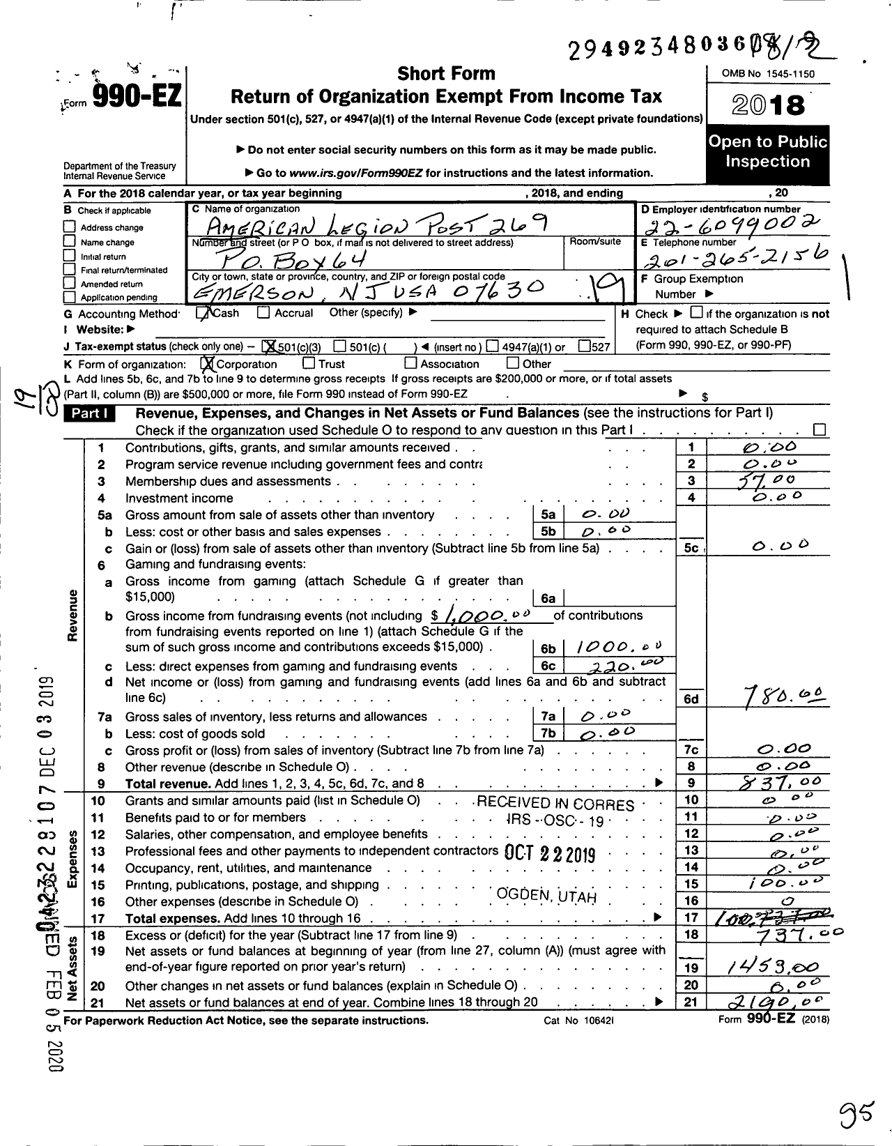 Image of first page of 2018 Form 990EO for American Legion - 269 Emerson