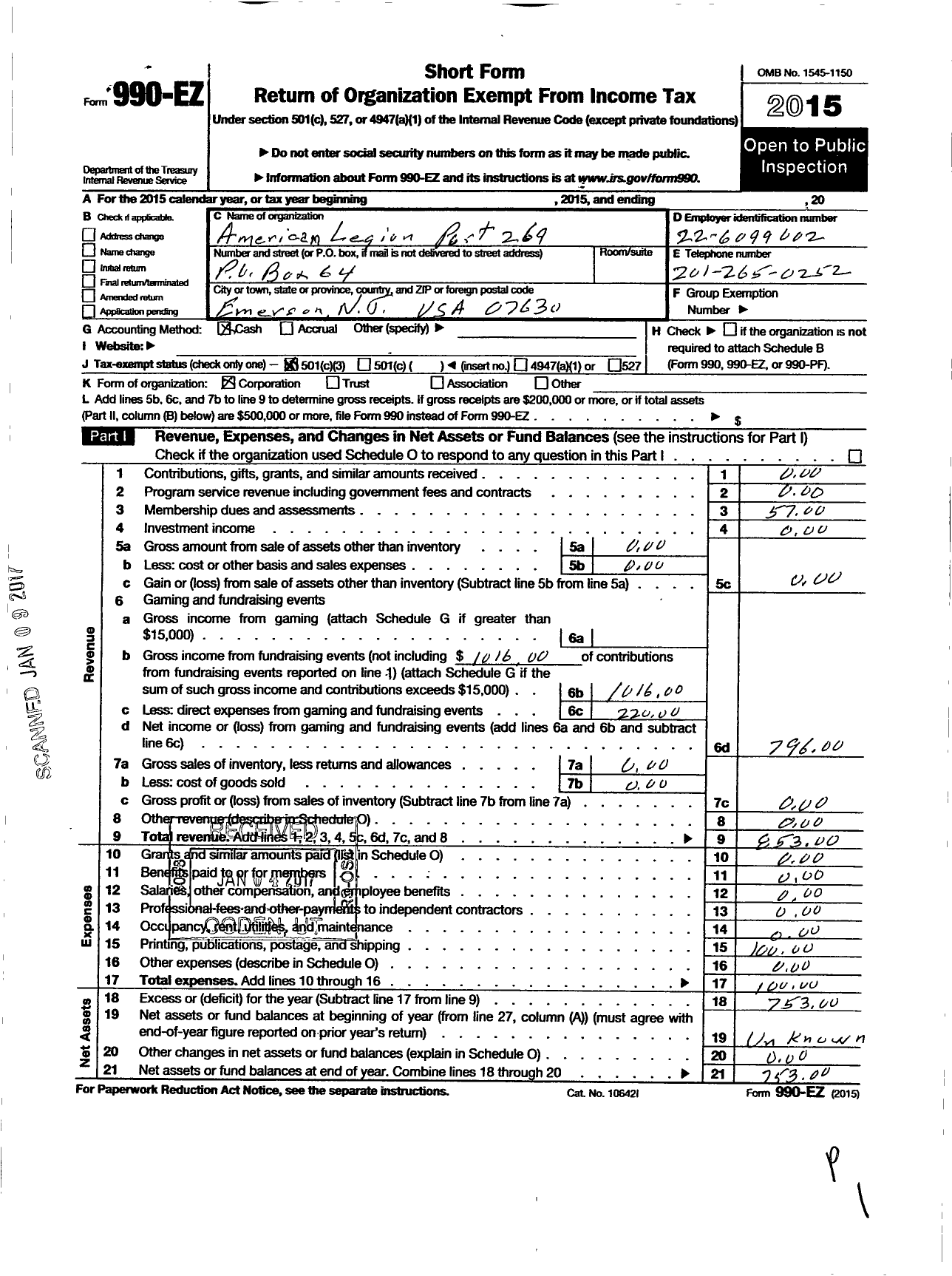 Image of first page of 2015 Form 990EZ for American Legion - 269 Emerson